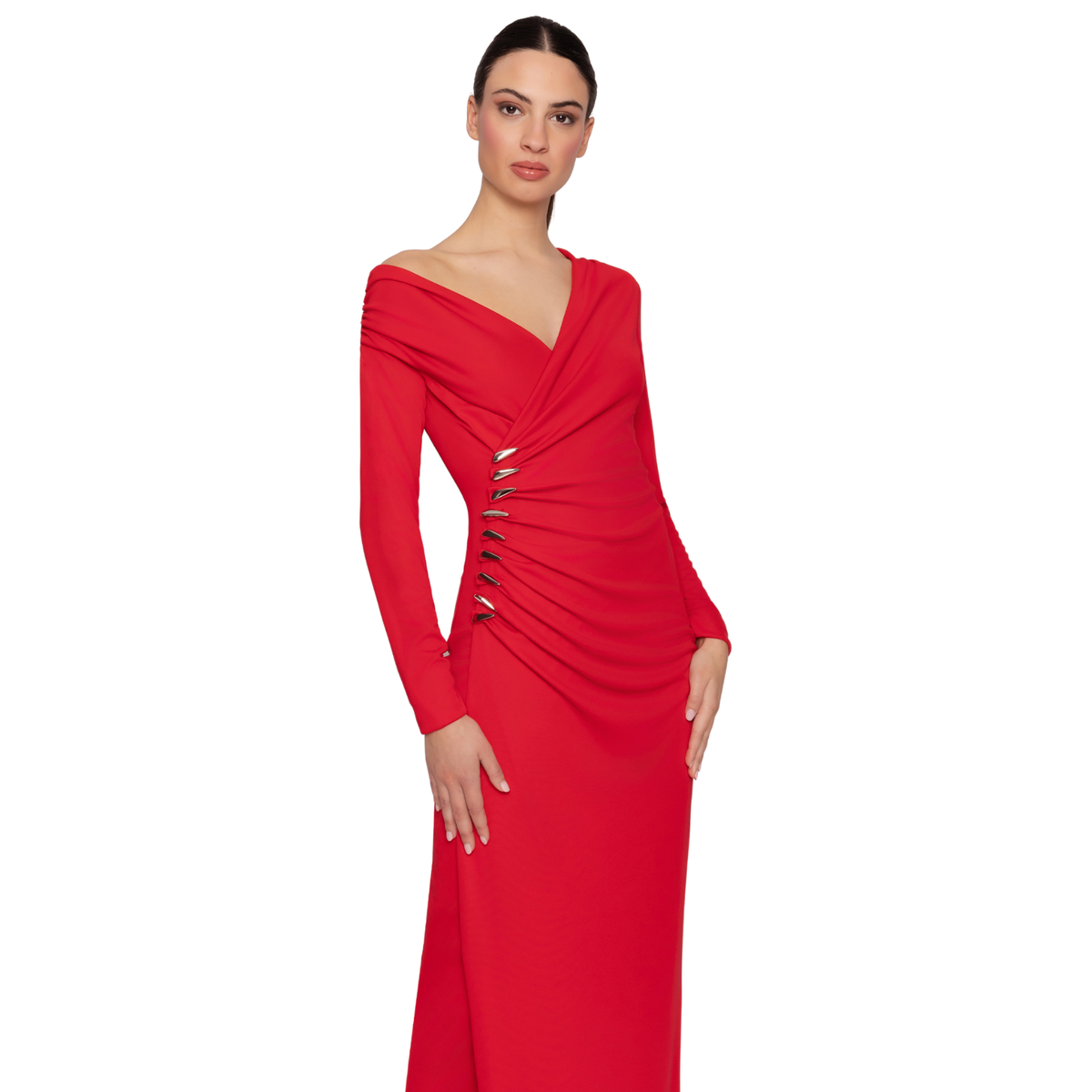 Carla Ruiz red crossed long dress, a winter wedding guest outfit at The Queen B Boutique in Penarth