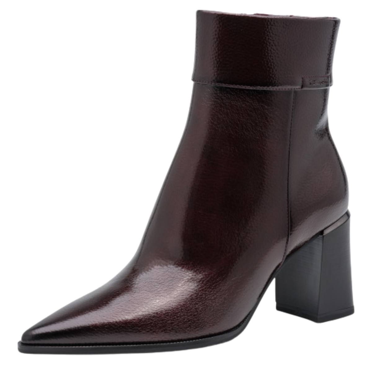 Tamaris merlot ankle boot with block heel, styled for autumn at The Queen B Boutique in Penarth