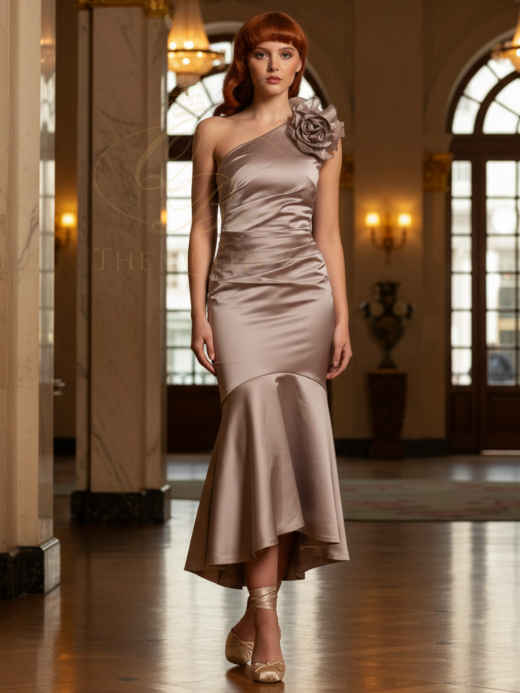Kevan Jon one-shoulder satin occasion dress – elegant wedding guest outfit, occasionwear boutique near Cardiff South Wales