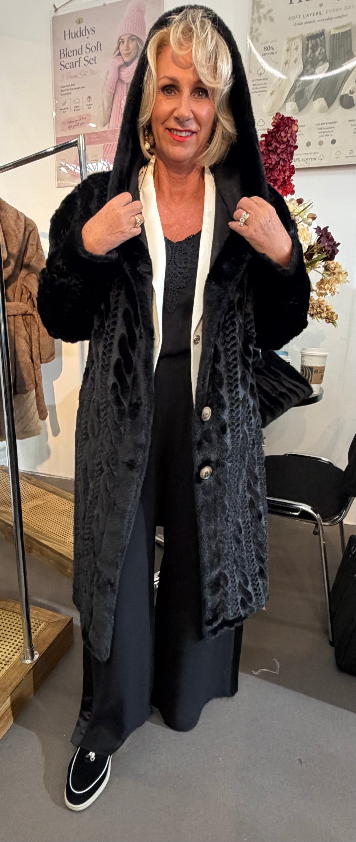 C802H Hooded Cable Fluffy Coat