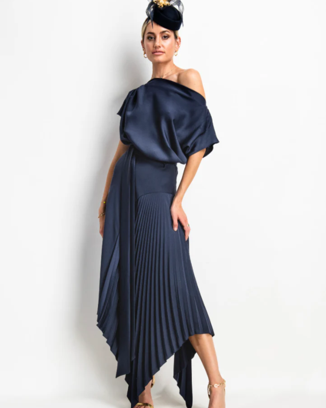 strapless open back dress Haddy Pleated Midi Dress in Navy main image 0