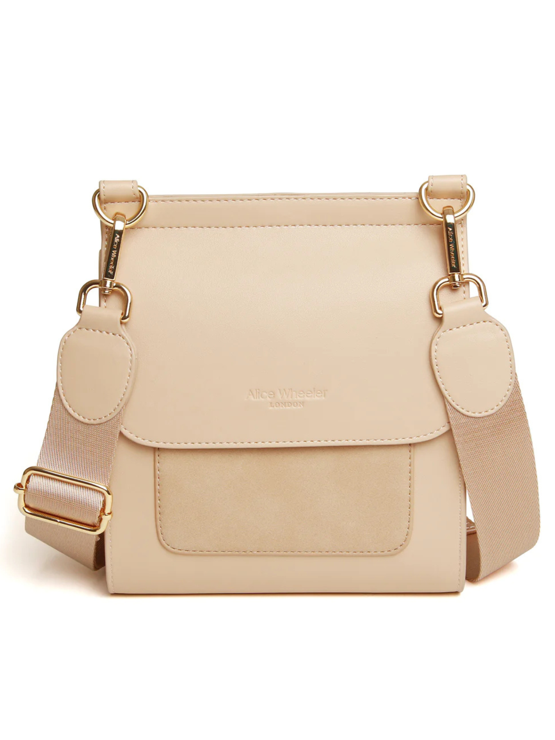 Alice Wheeler AW5969 Sand Seville Cross Body Bag – women’s sleek sand crossbody handbag with gold hardware, flap closure and adjustable strap, versatile everyday fashion accessory.