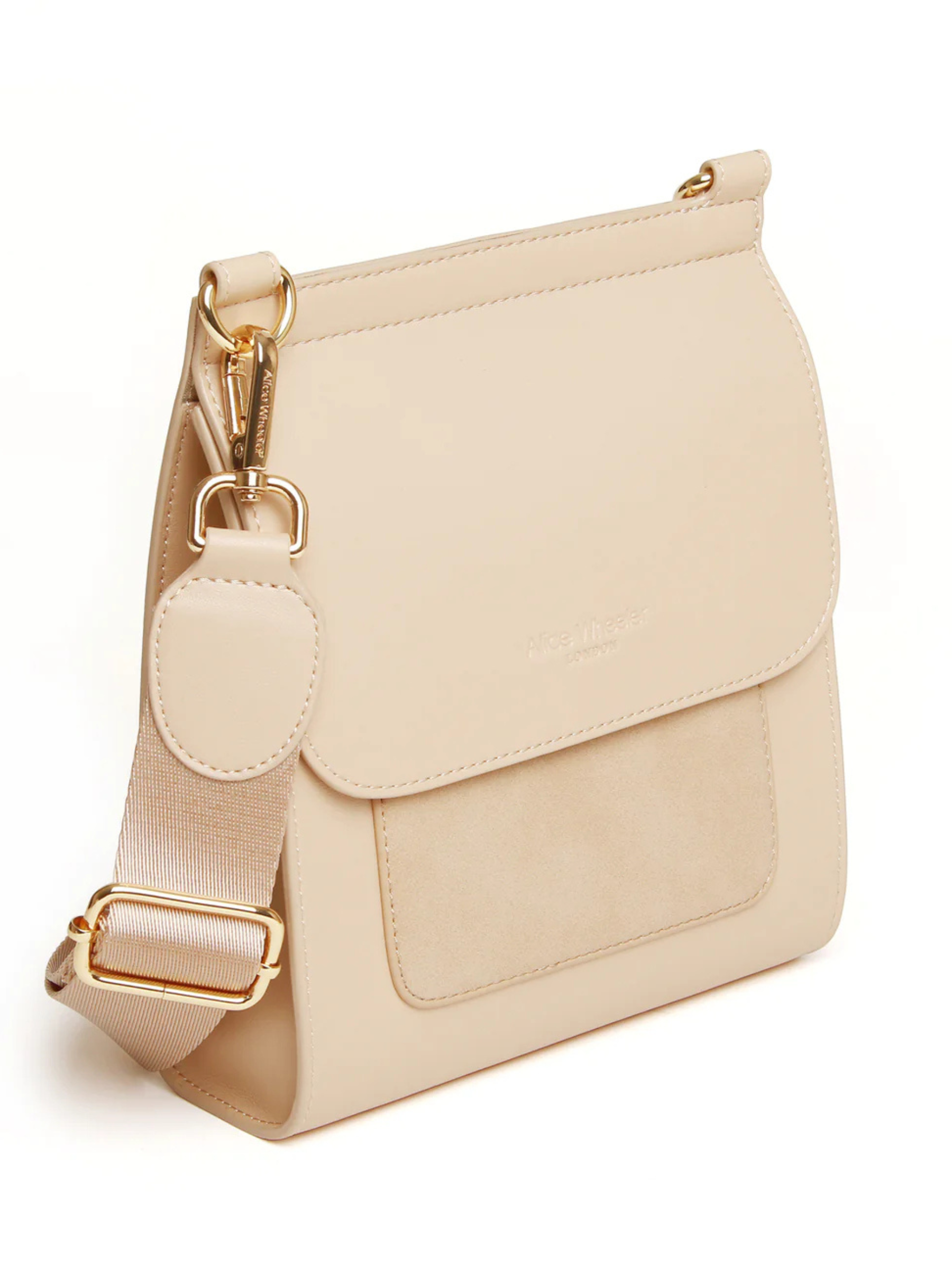 Alice Wheeler AW5969 Sand Seville Cross Body Bag – women’s sleek sand crossbody handbag with gold hardware, flap closure and adjustable strap, versatile everyday fashion accessory.
