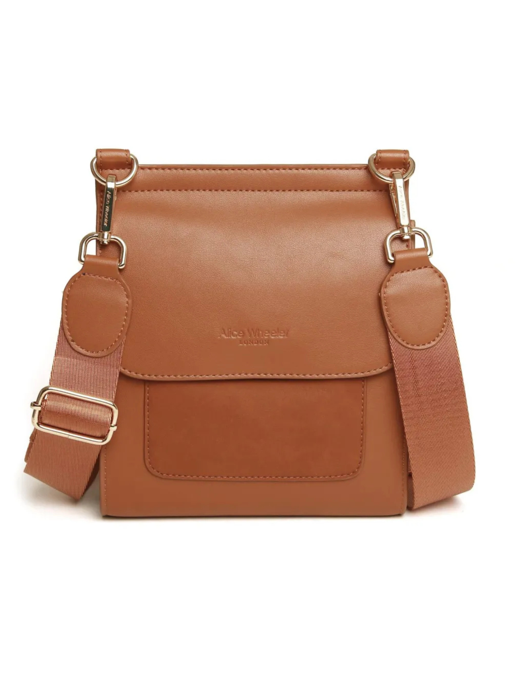Alice Wheeler AW5970 Tan Seville Cross Body Bag – women’s sleek tan crossbody handbag with gold hardware, flap closure and adjustable strap, versatile everyday fashion accessory.