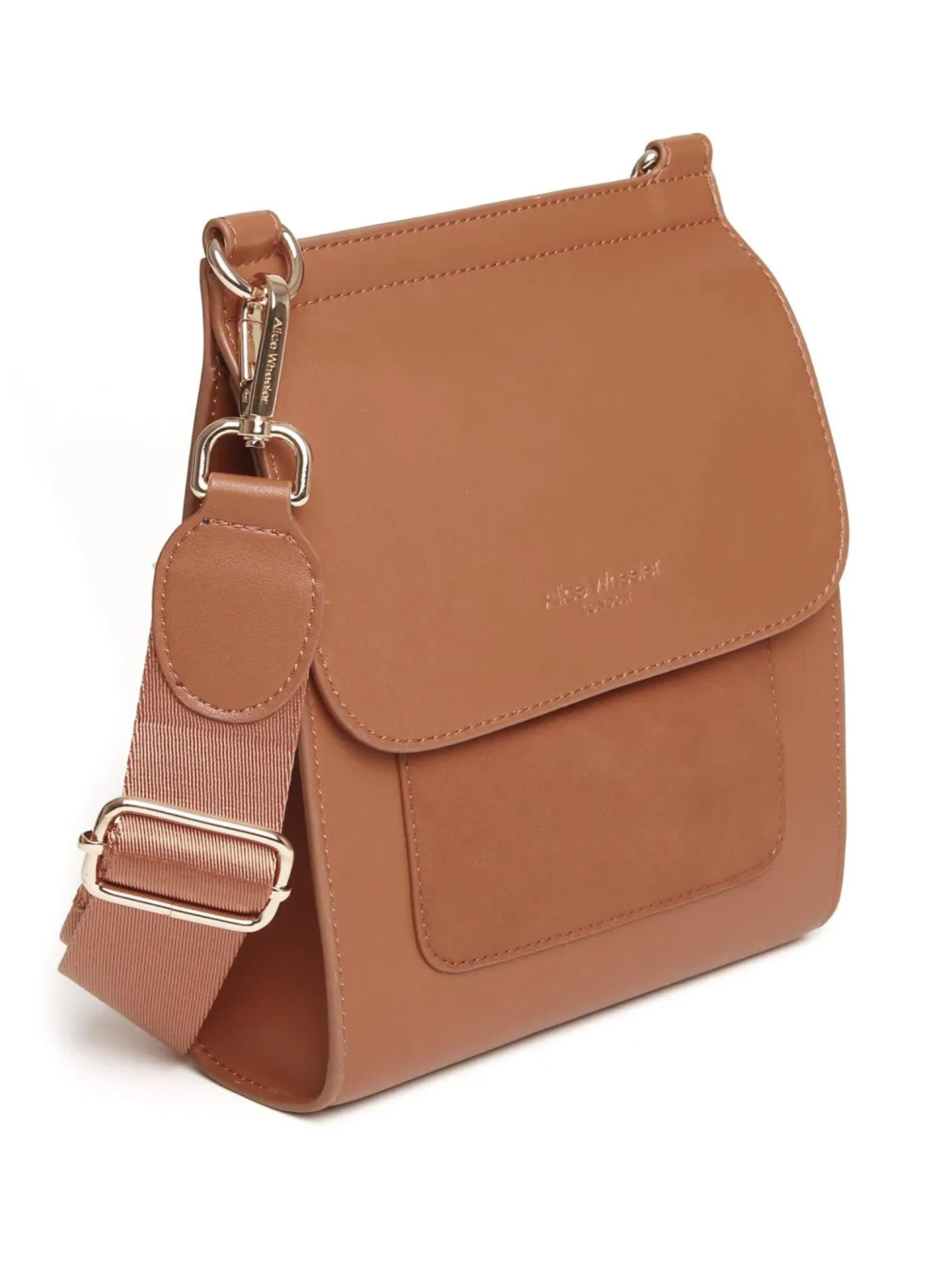 Alice Wheeler AW5970 Tan Seville Cross Body Bag – women’s sleek tan crossbody handbag with gold hardware, flap closure and adjustable strap, versatile everyday fashion accessory.