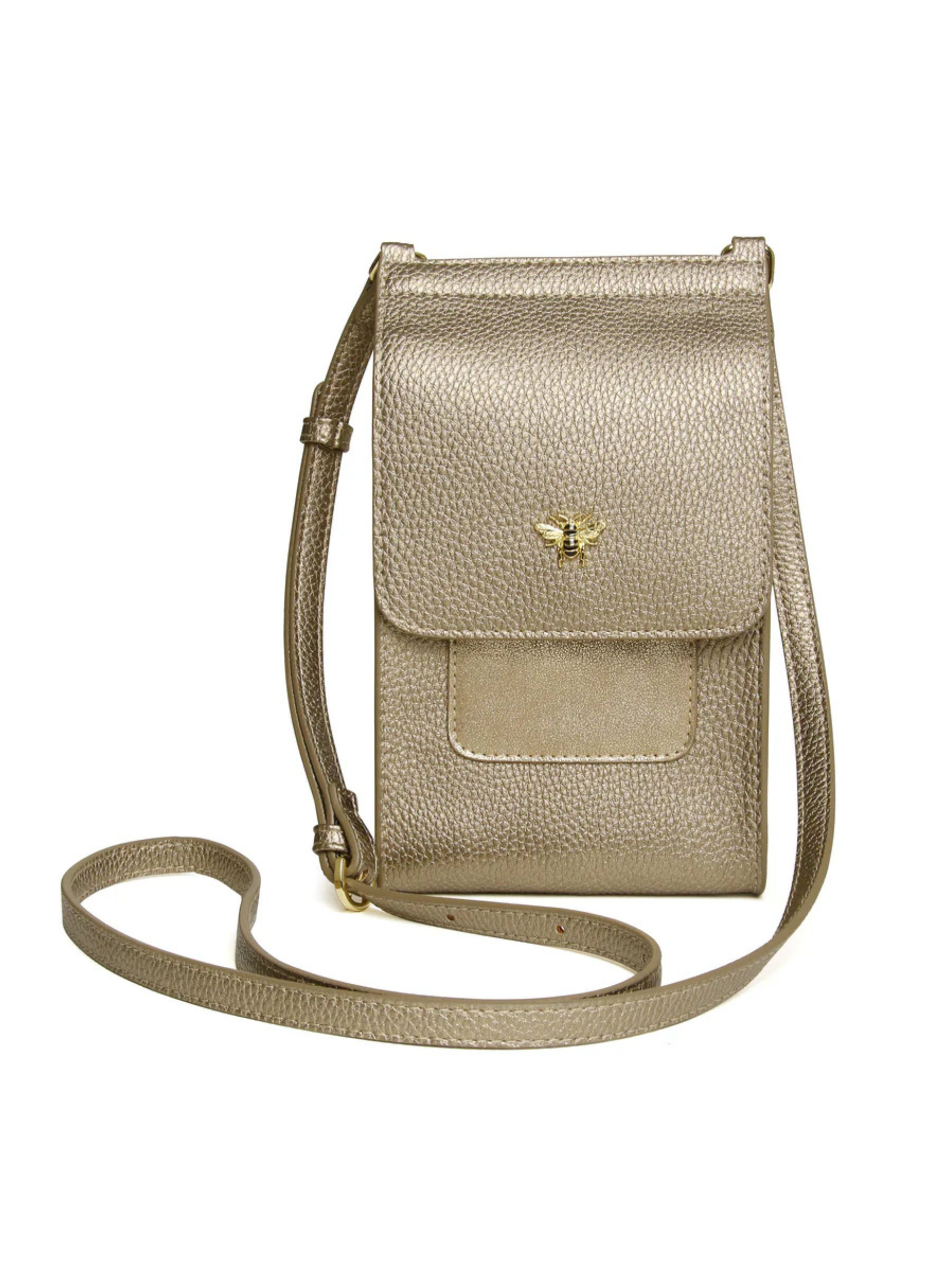 Alice Wheeler AW6026 Bronze Mini Bloomsbury Cross Body Bag – vegan leather compact crossbody with bronze suede panel, card holder and magnetic clasp, women’s stylish everyday bag.