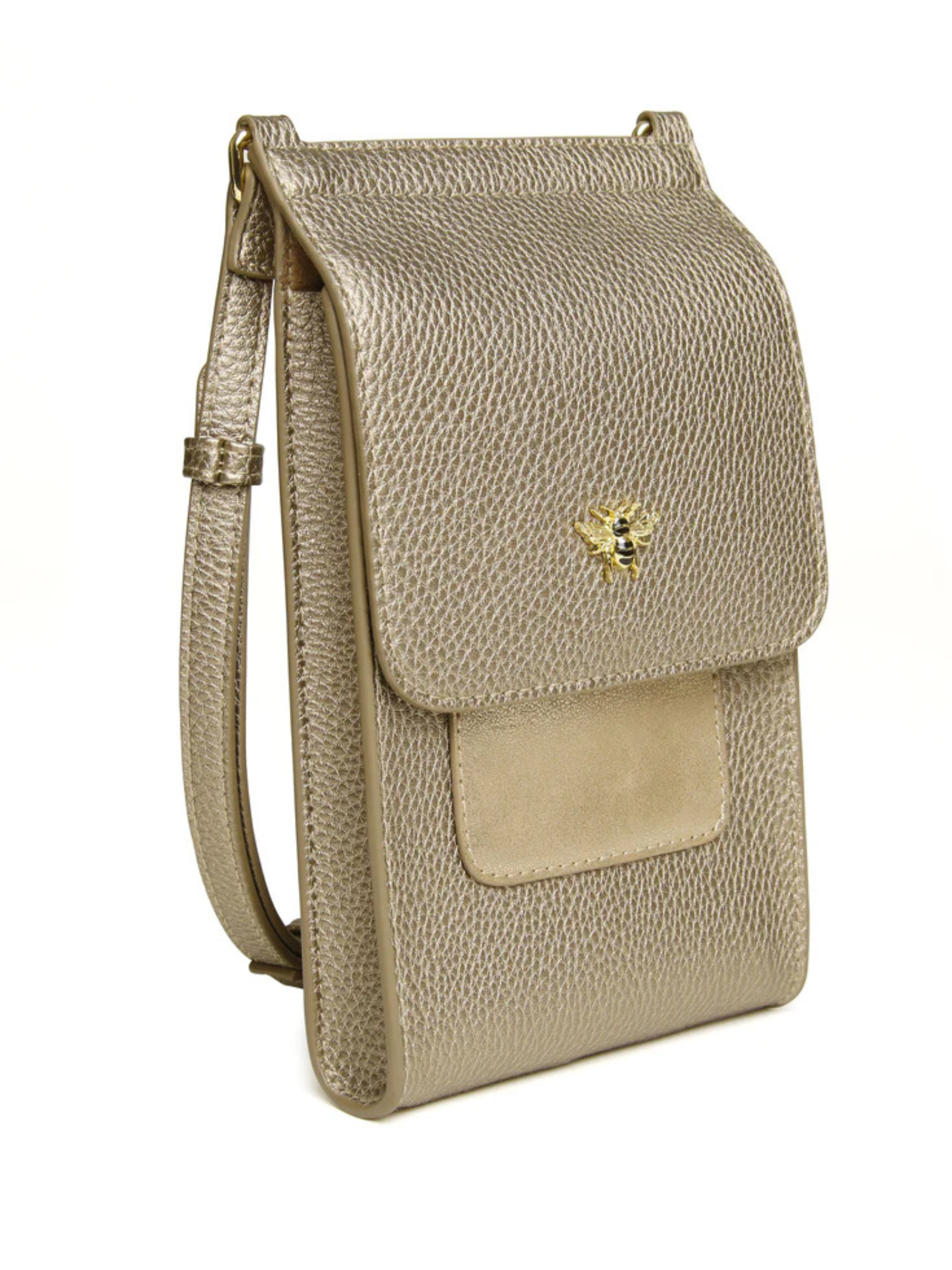 Alice Wheeler AW6026 Bronze Mini Bloomsbury Cross Body Bag – vegan leather compact crossbody with bronze suede panel, card holder and magnetic clasp, women’s stylish everyday bag.