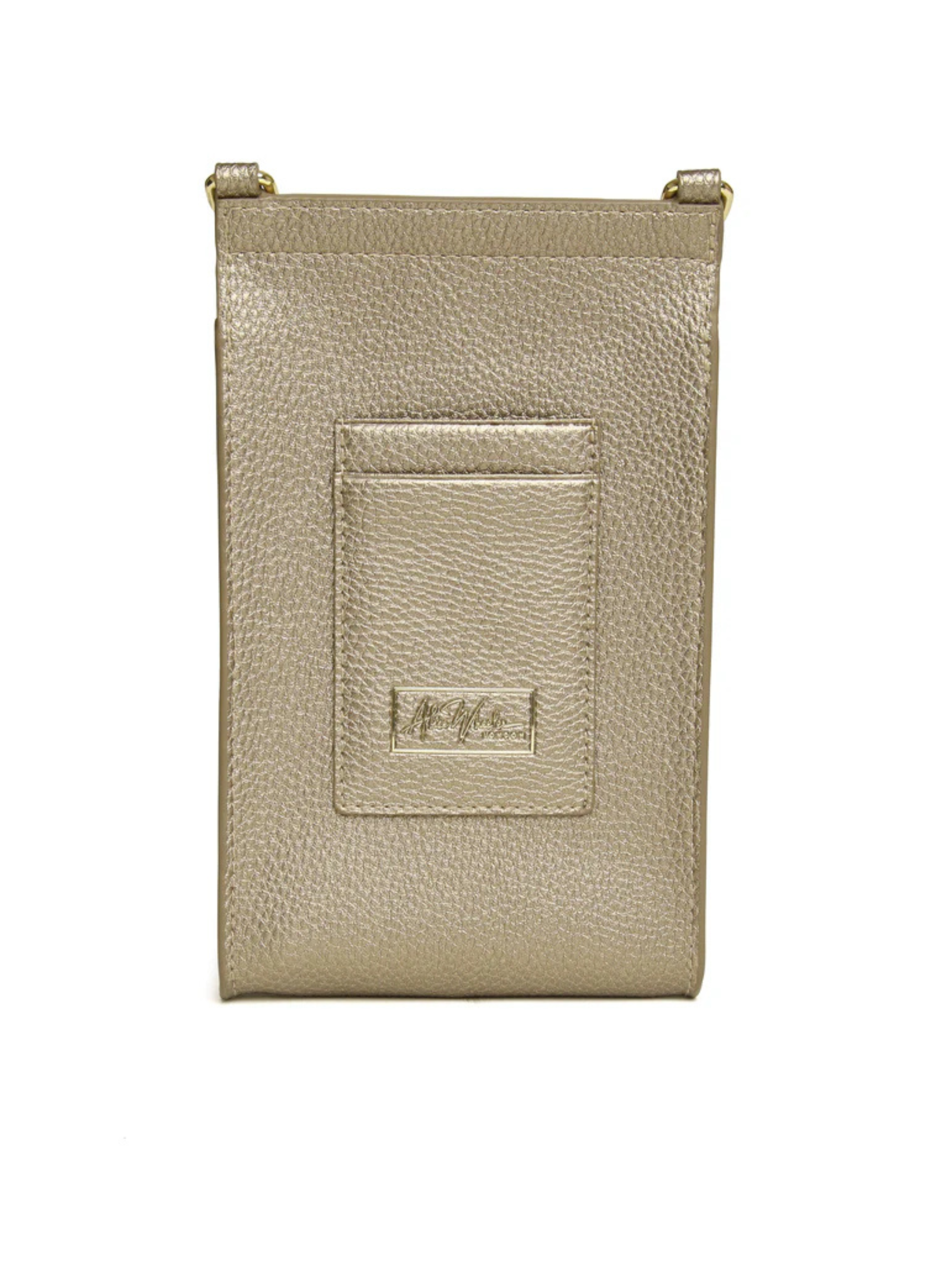 Alice Wheeler AW6026 Bronze Mini Bloomsbury Cross Body Bag – vegan leather compact crossbody with bronze suede panel, card holder and magnetic clasp, women’s stylish everyday bag.