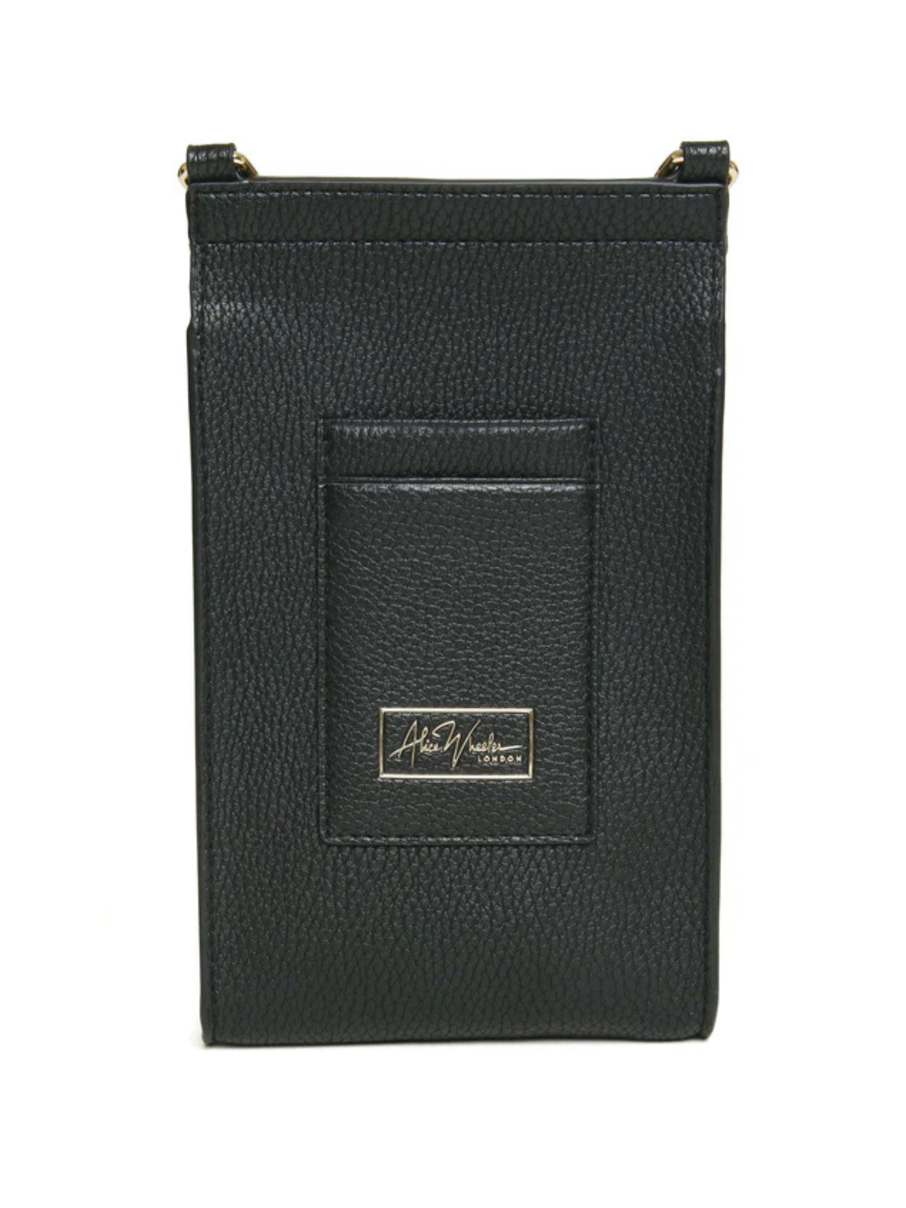 Alice Wheeler AW6045 Black Mini Bloomsbury Cross Body Bag – vegan leather compact crossbody with black suede panel, card holder and magnetic clasp, women’s stylish everyday bag.