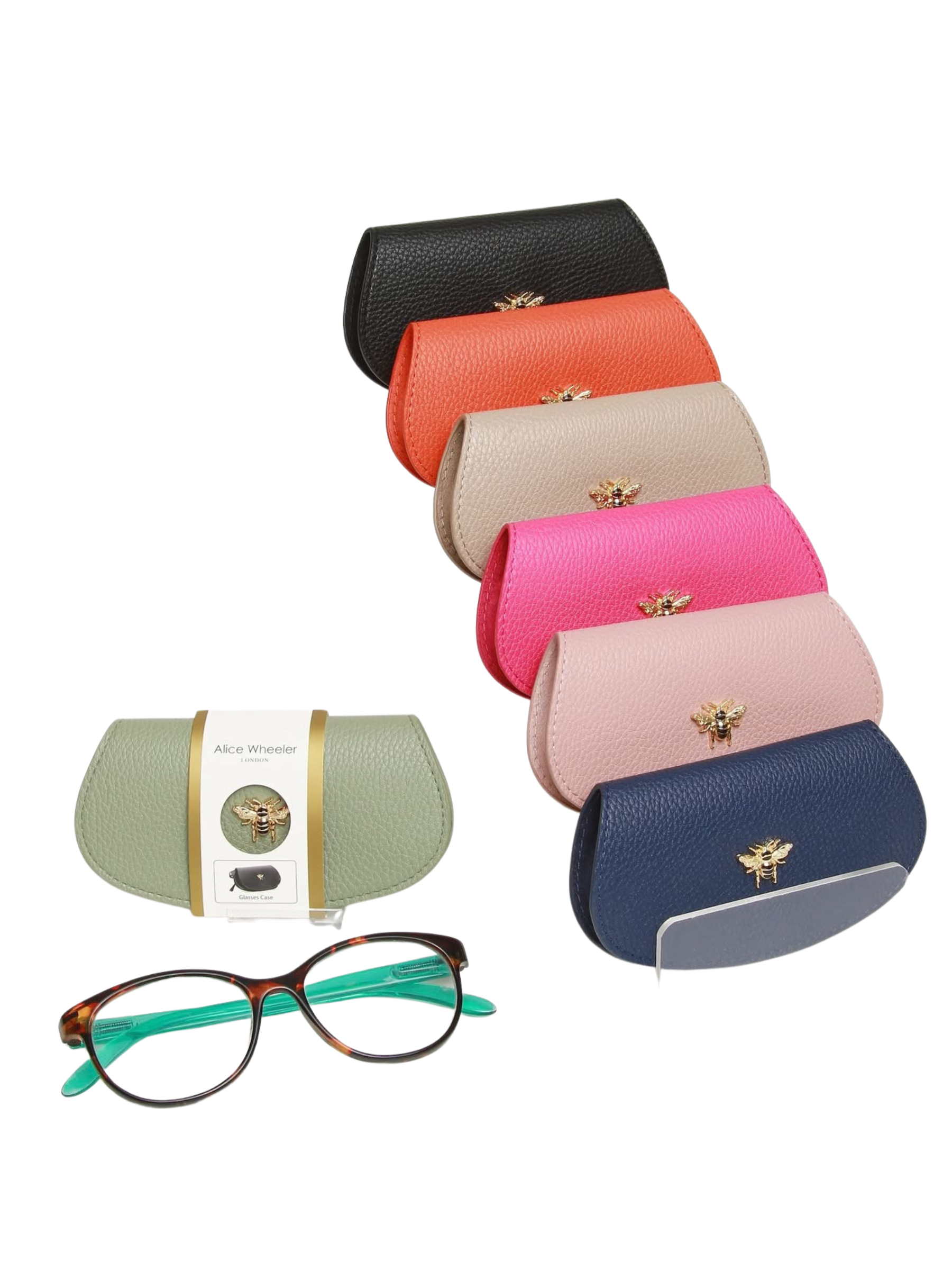 Alice Wheeler Glasses Case – vegan leather eyeglass case with padded interior, secure push-button closure and stylish textured finish, protective case for women’s eyewear.