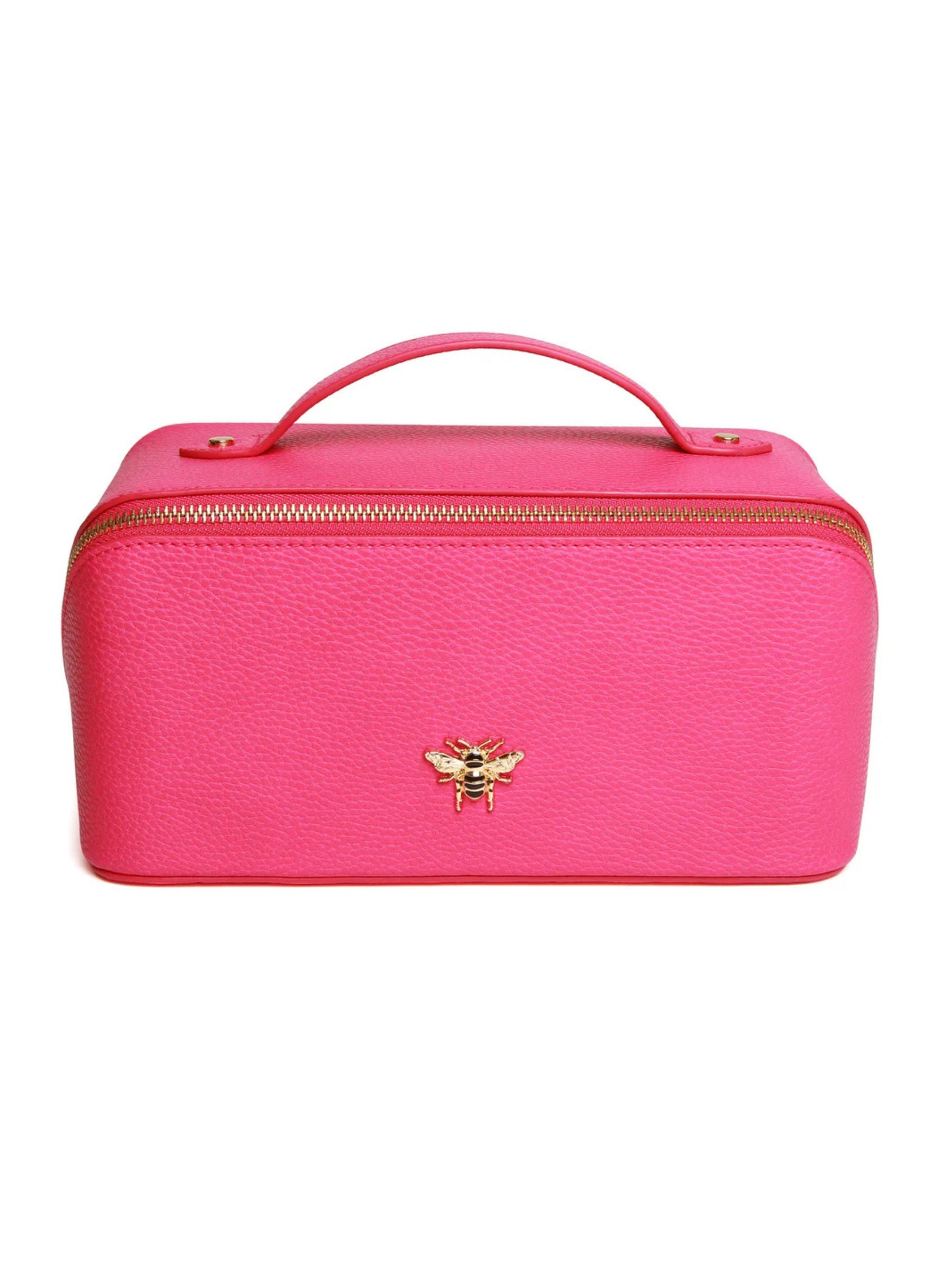 ALICE WHEELER AW0266 hot pink train case with gold zip, wide opening, lined interior and internal pockets.