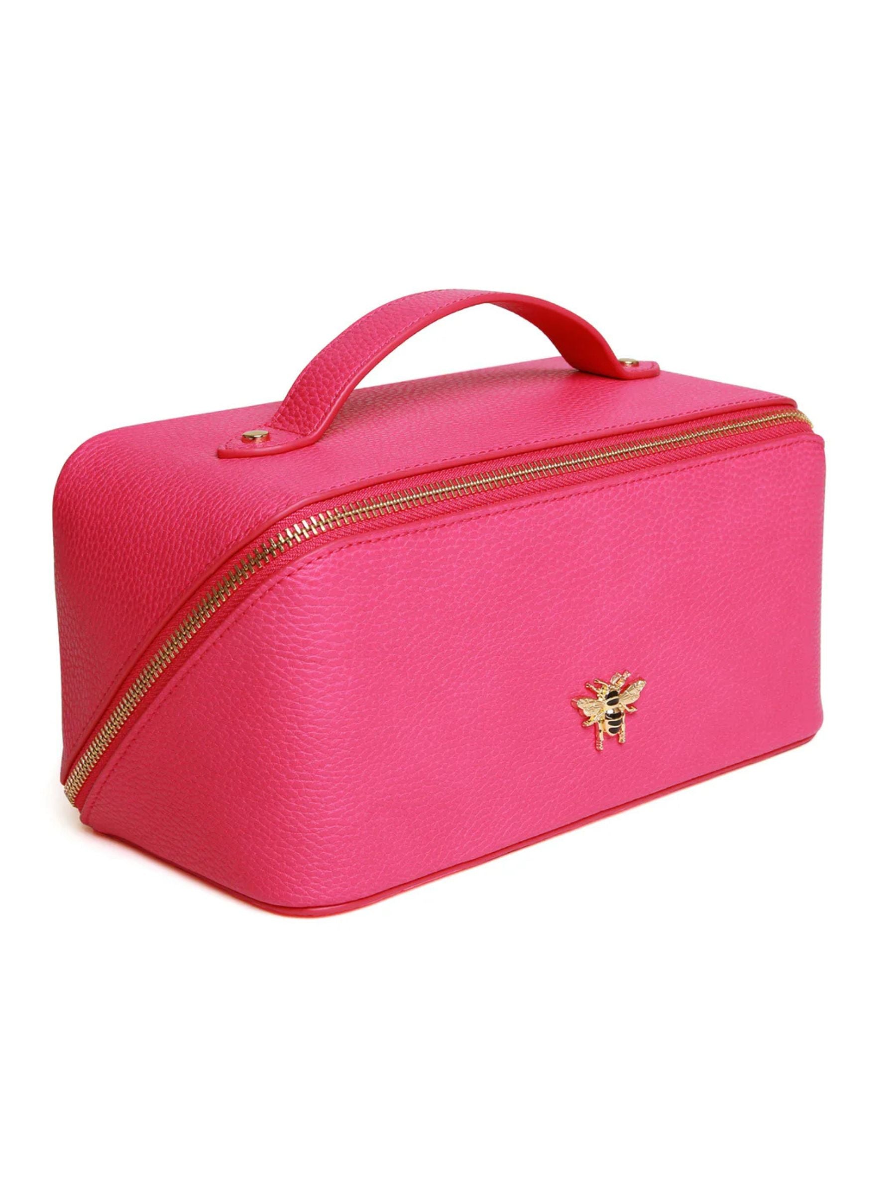 ALICE WHEELER AW0266 hot pink train case with gold zip, wide opening, lined interior and internal pockets.