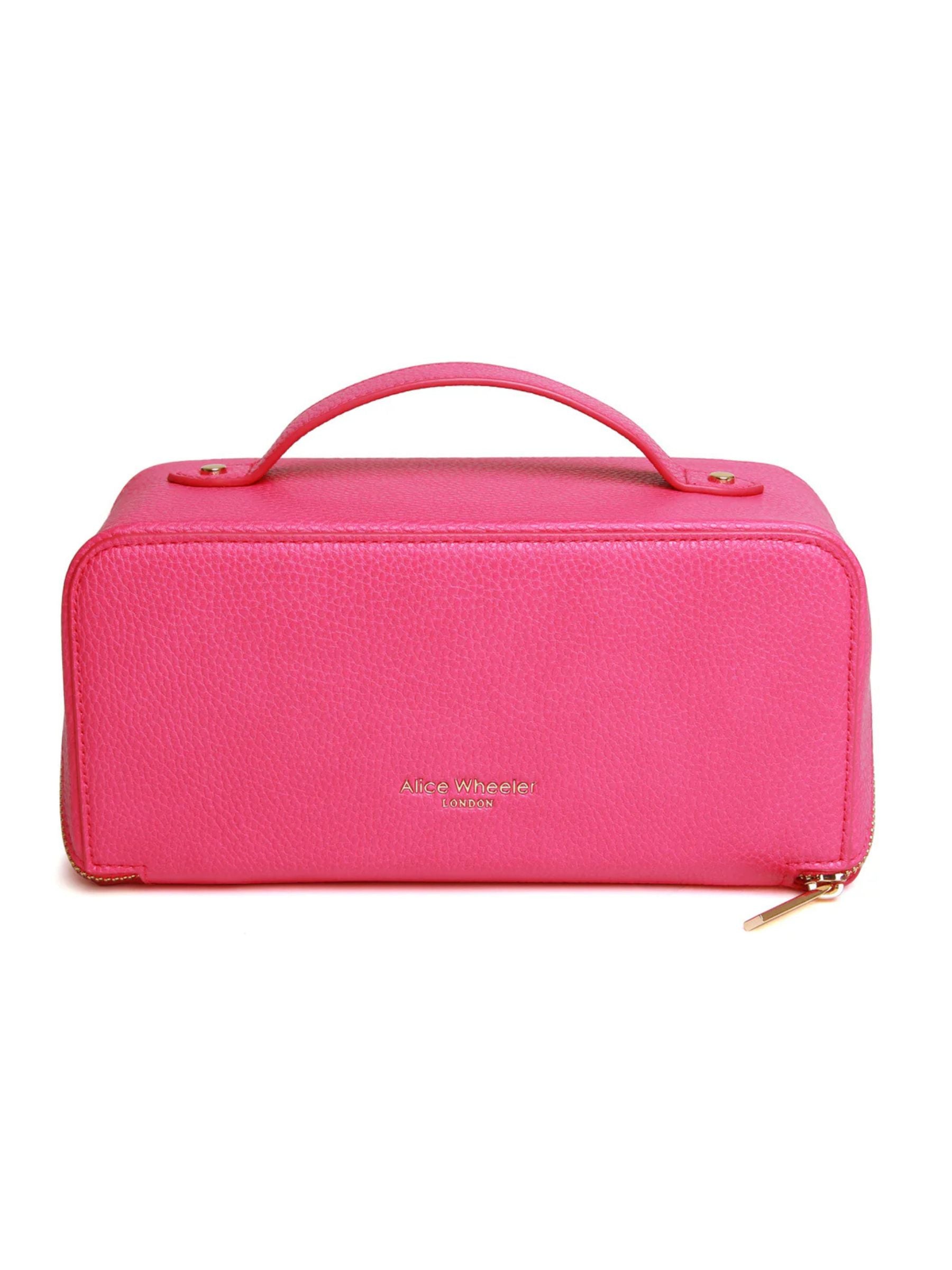 ALICE WHEELER AW0266 hot pink train case with gold zip, wide opening, lined interior and internal pockets.