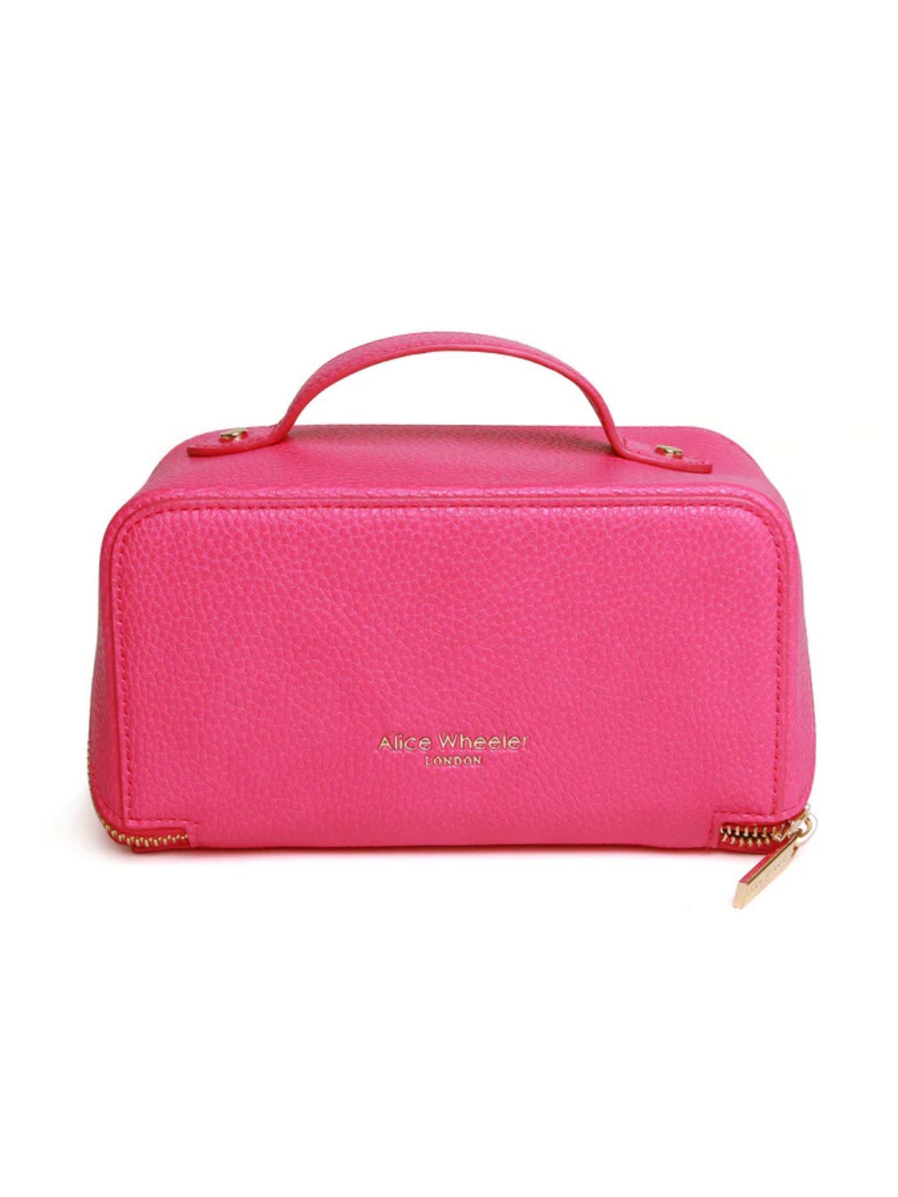 ALICE WHEELER AW0267 hot pink mini train case with gold zip, wide opening, lined interior and internal pockets.