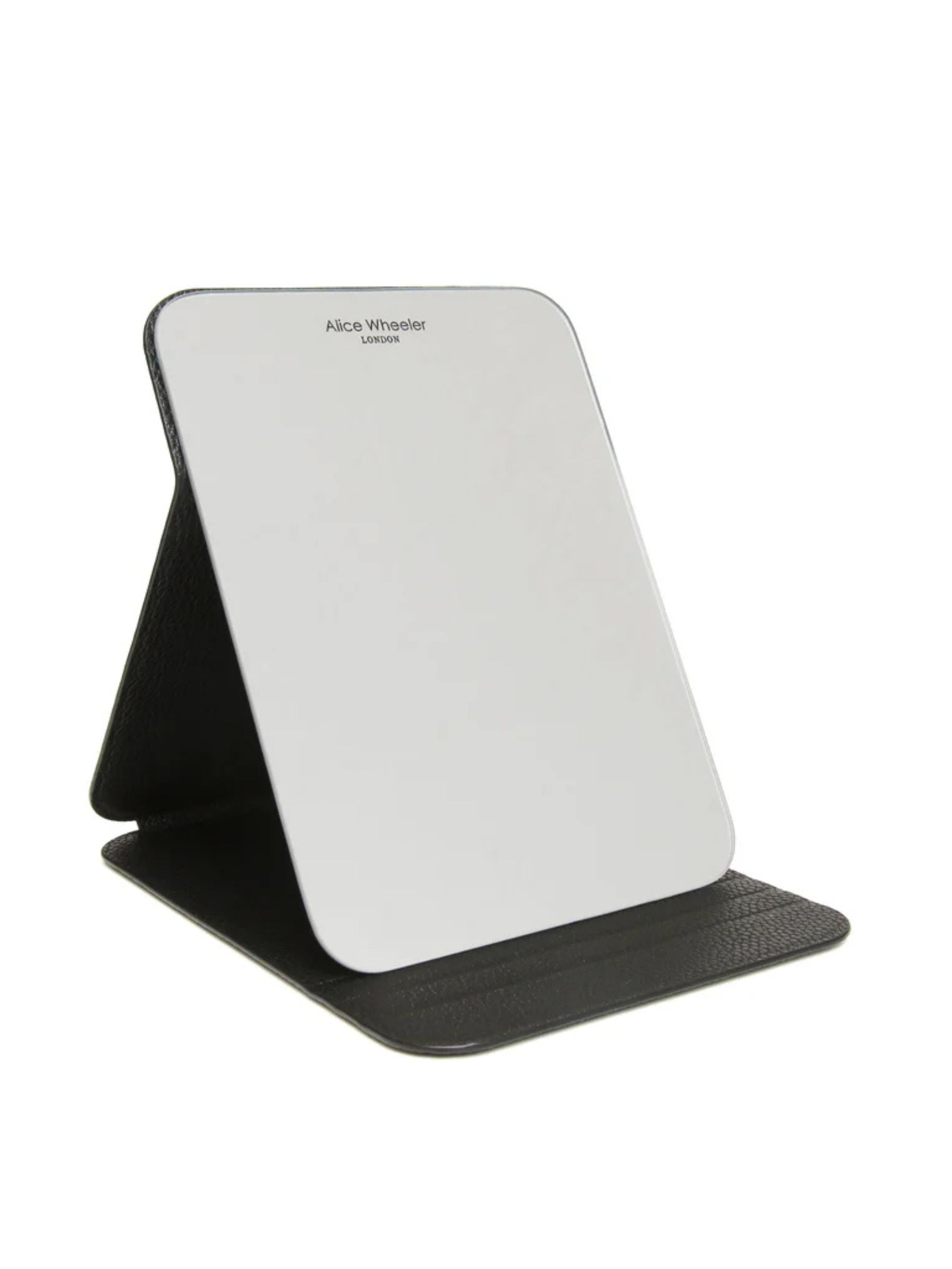 ALICE WHEELER AW0304 black folding travel mirror with frameless design, protective case and stand, 15 × 20 cm size.