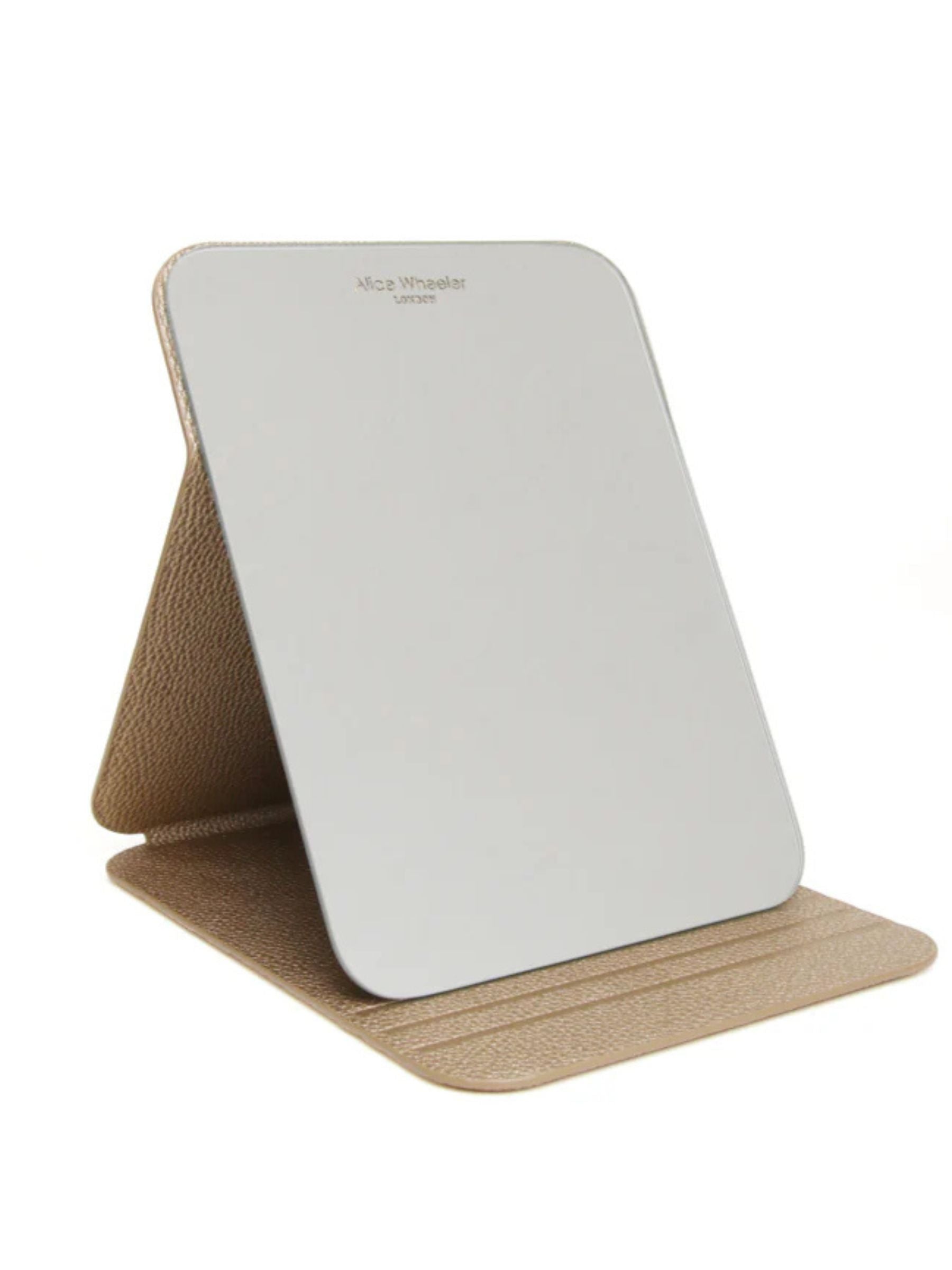 ALICE WHEELER AW0305 bronze folding travel mirror with frameless design, protective folding case and stand, 15 × 20 cm size.