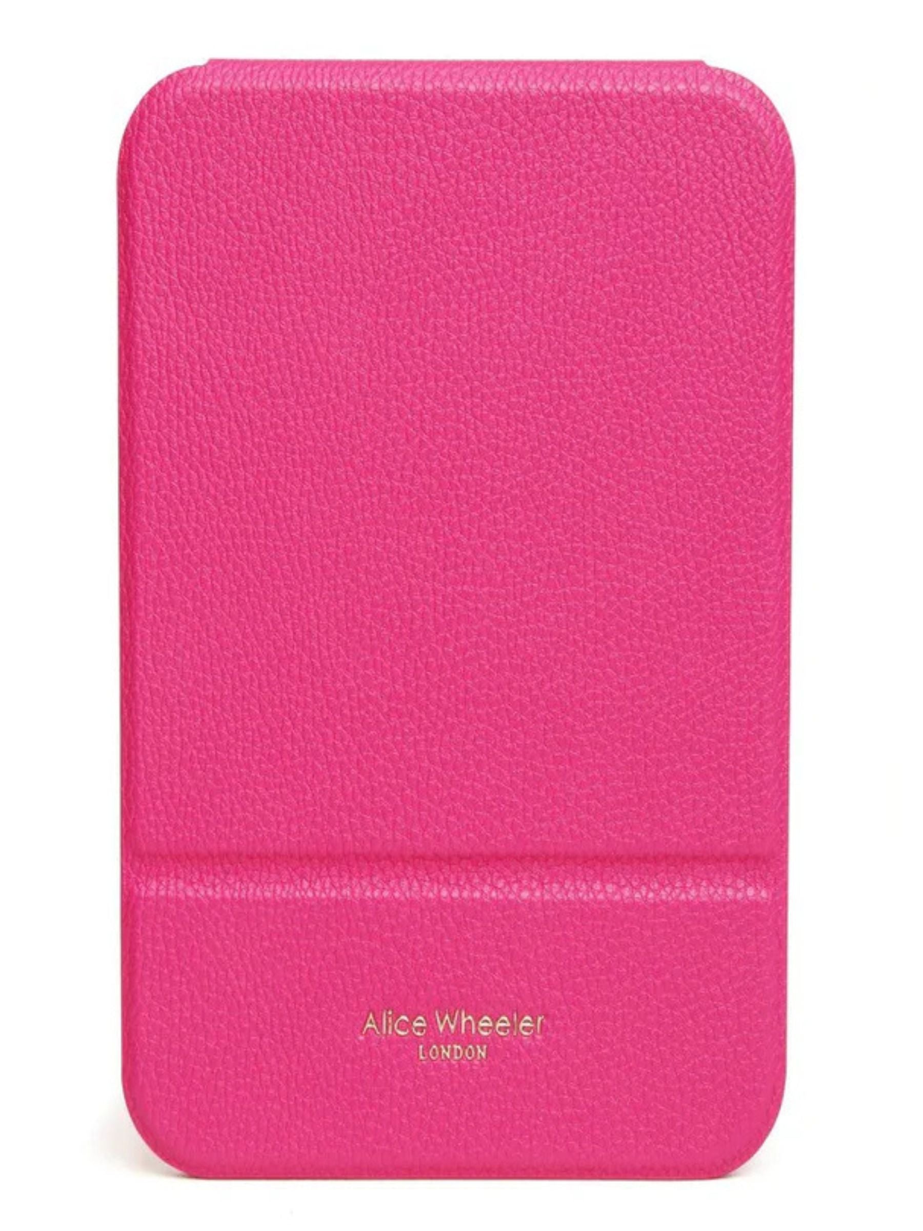 ALICE WHEELER AW0306 hot pink folding travel mirror with frameless design, protective folding case and stand, 15 × 20 cm size.