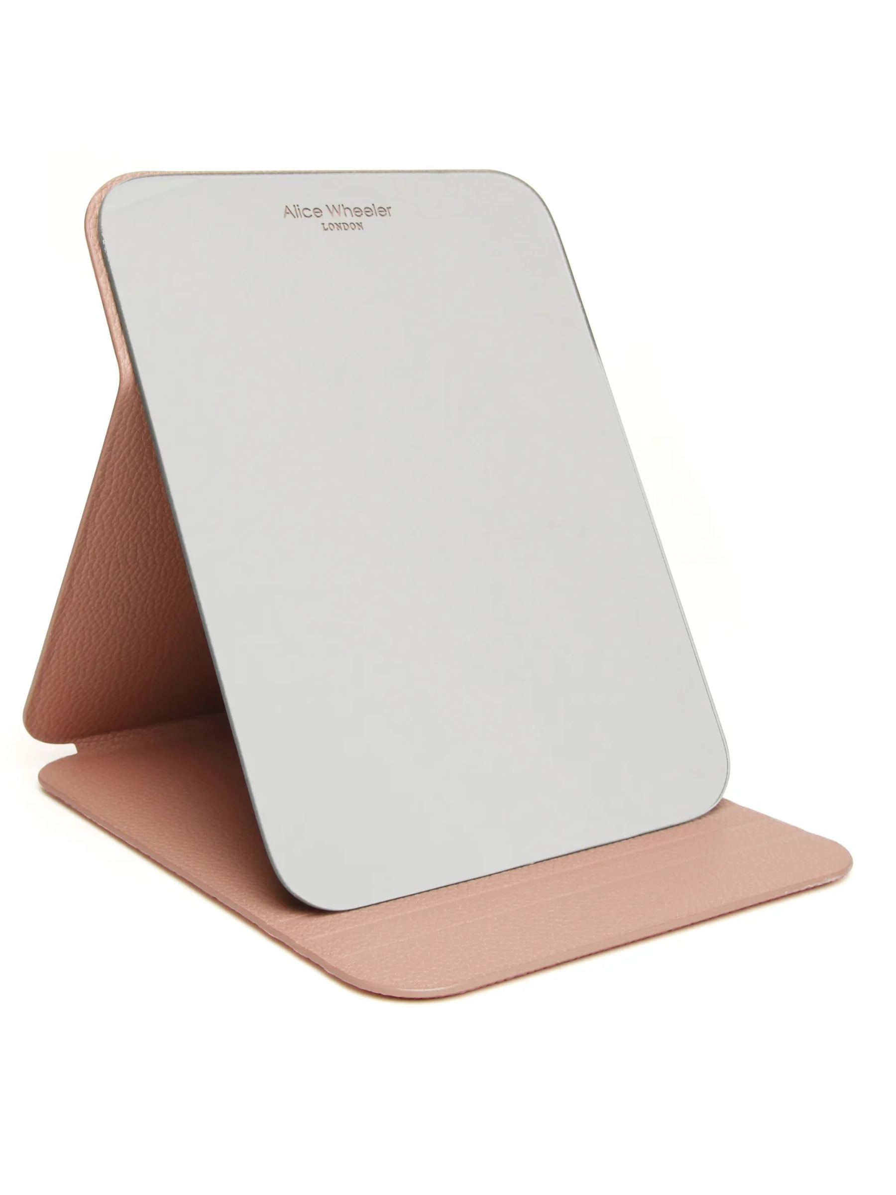 ALICE WHEELER AW0306 pink folding travel mirror with frameless design, protective folding case and stand, 15 × 20 cm size.