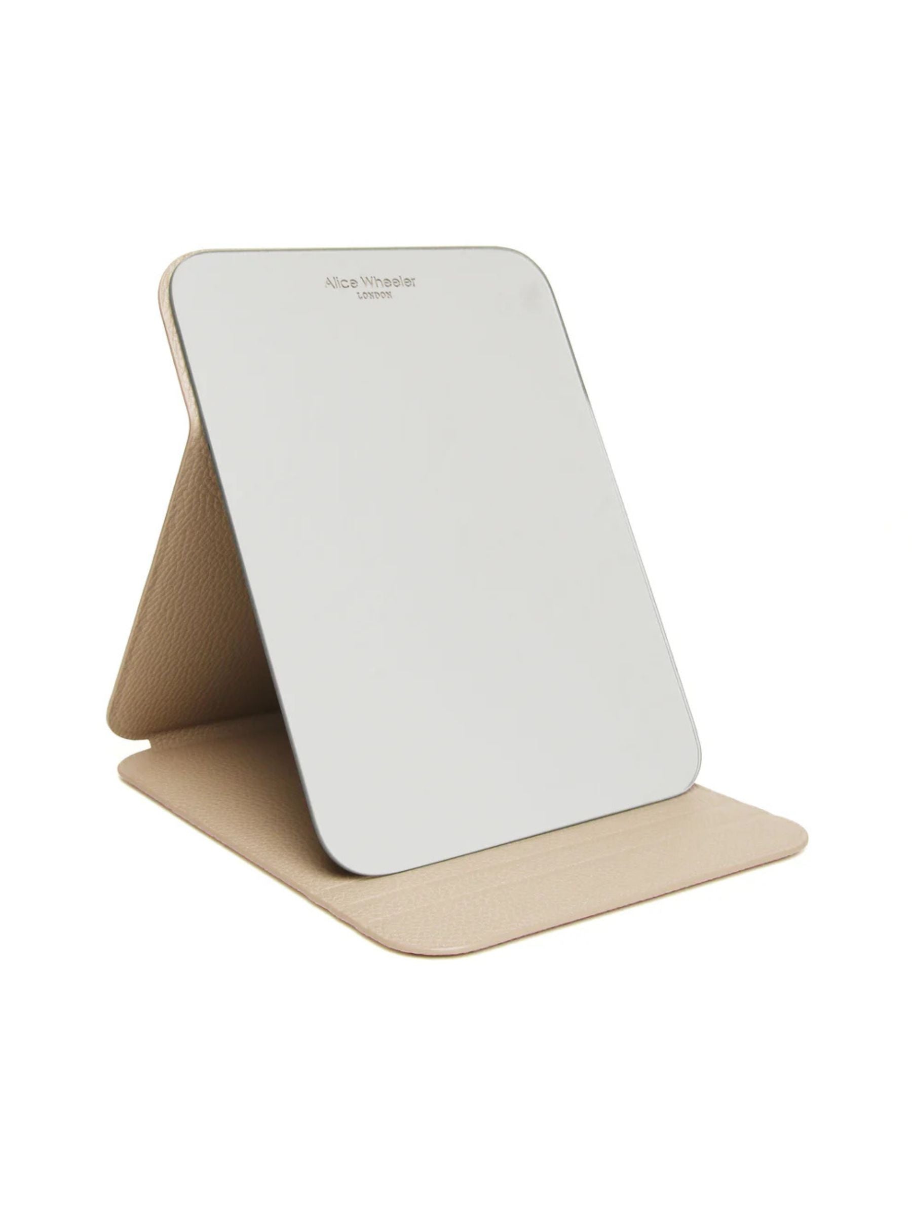 ALICE WHEELER AW0310 stone folding travel mirror with frameless design, protective folding case and stand, 15 × 20 cm size.