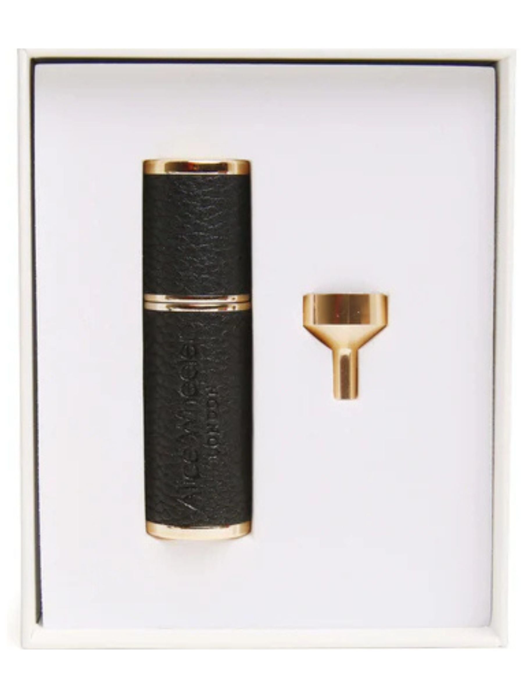 ALICE WHEELER AW0311 black atomizer with vegan leather finish and metallic accents, refillable travel accessory for fragrance.