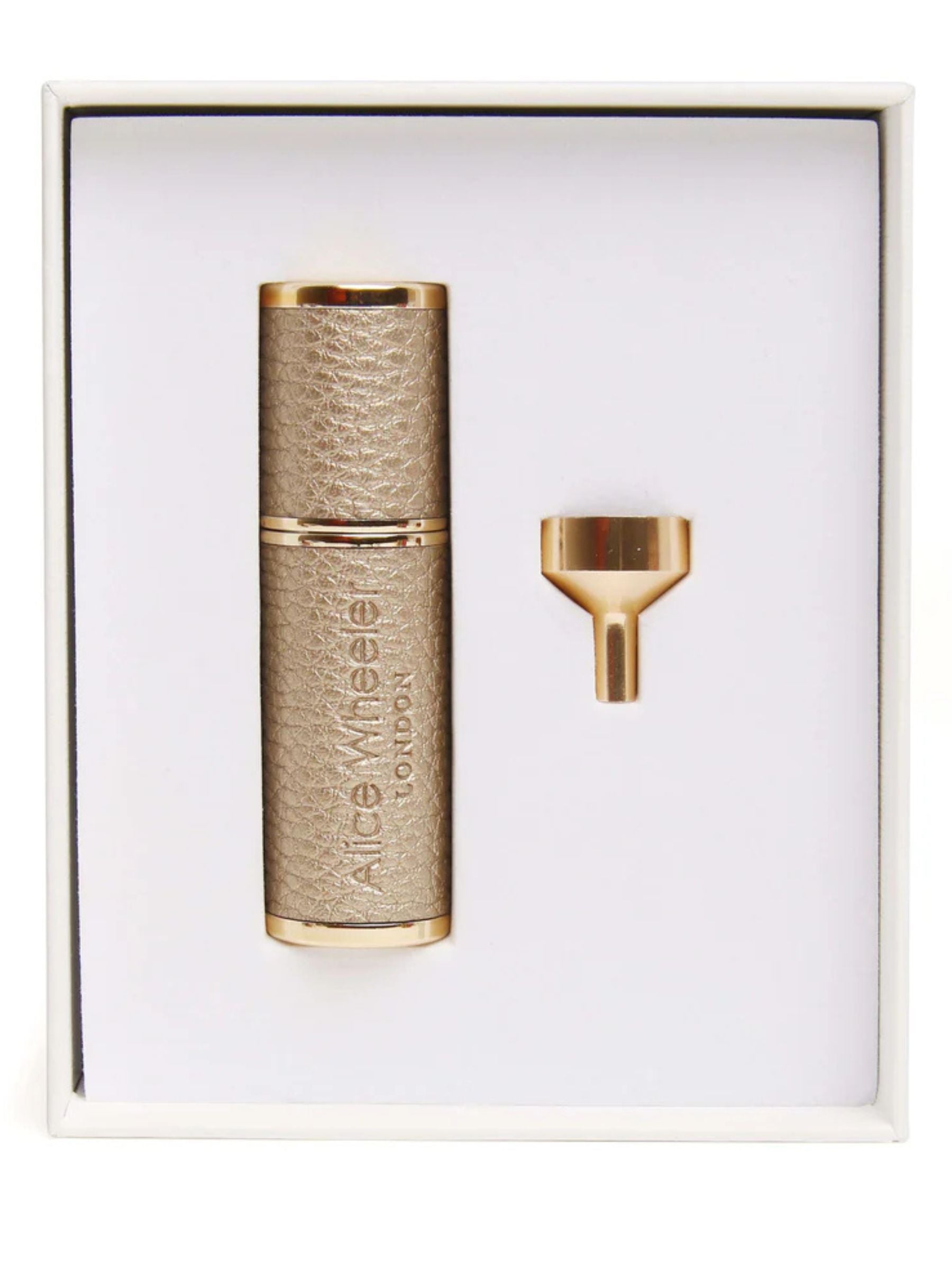 ALICE WHEELER AW0312 bronze atomizer with vegan leather finish and metallic accents, refillable travel fragrance accessory.