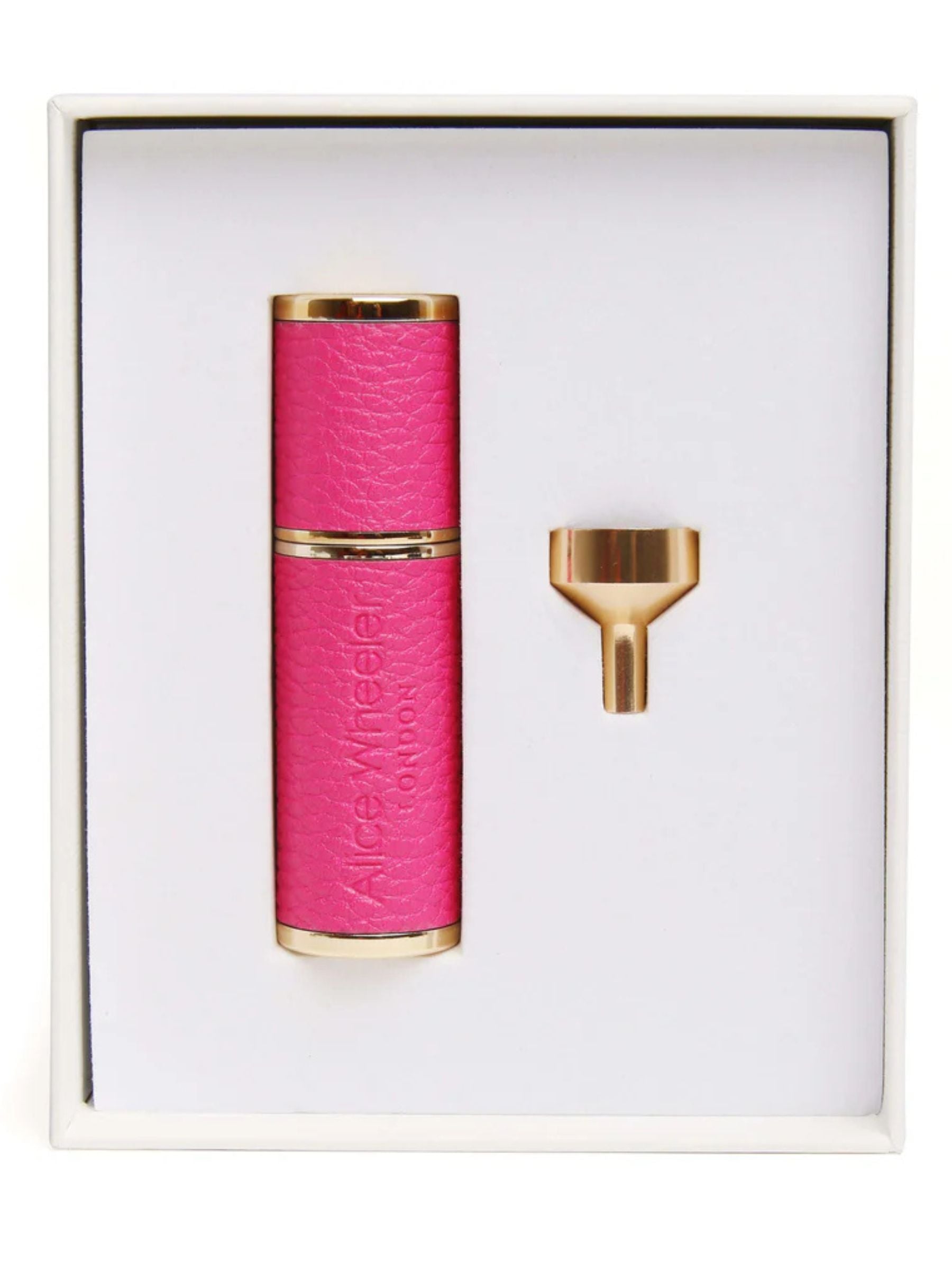 ALICE WHEELER AW0313 hot pink atomizer with vegan leather finish and metallic accents, refillable travel fragrance accessory.