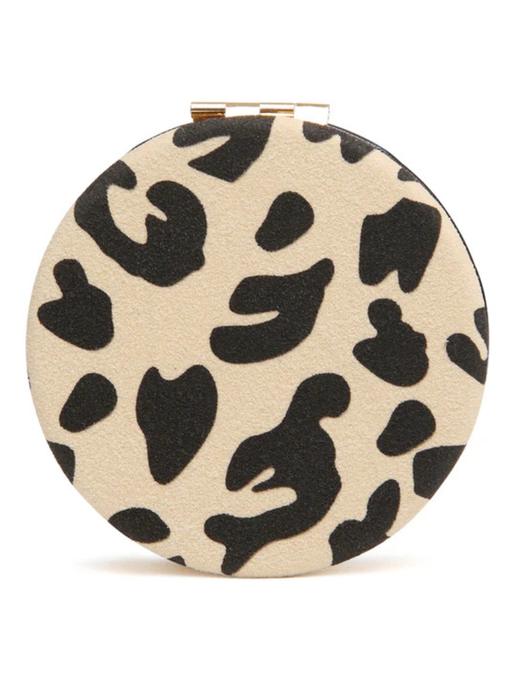 ALICE WHEELER AW0340 leopard compact mirror with vegan leather cover, honey bee emblem, dual magnification, 7cm round design.