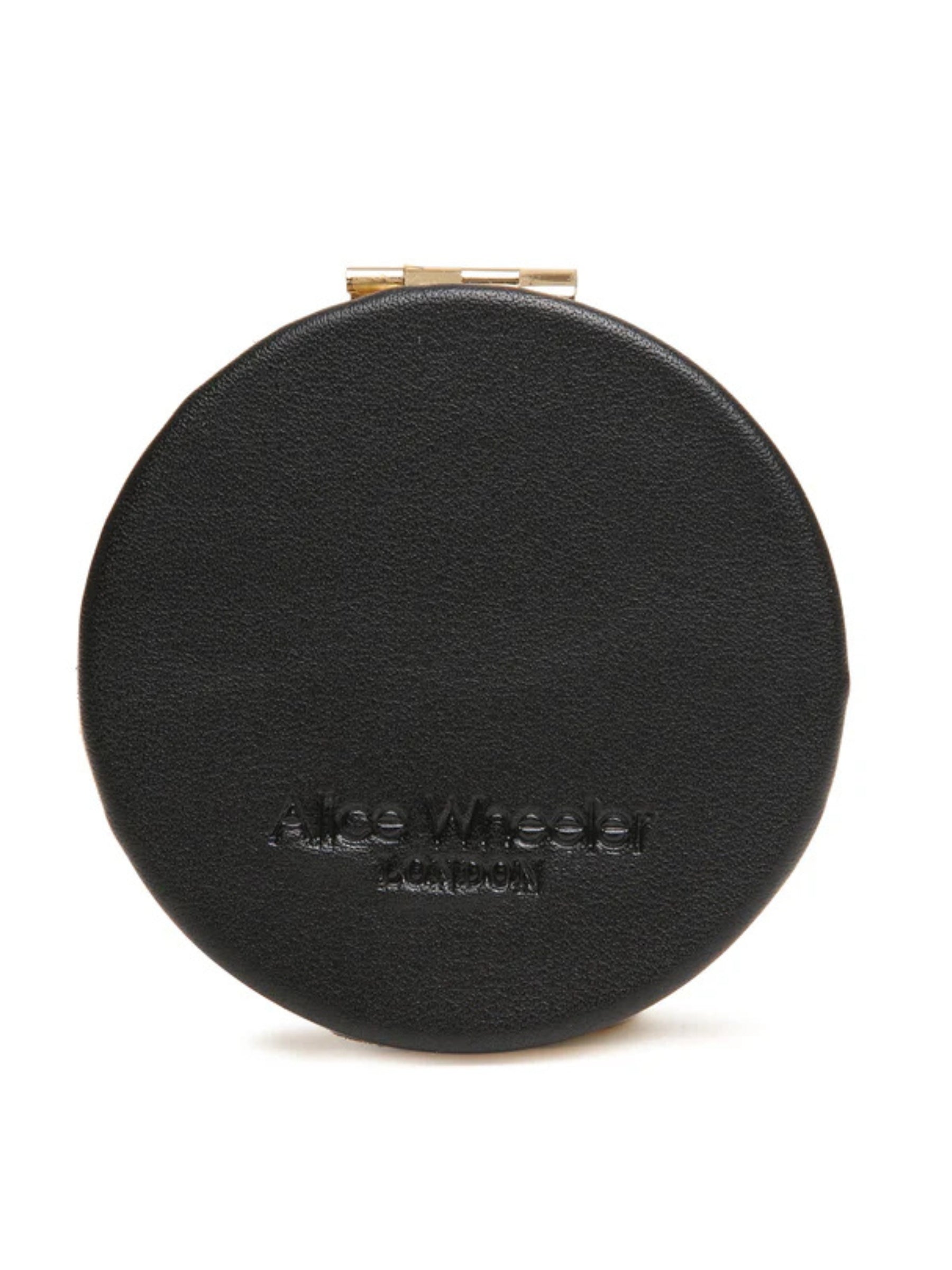 ALICE WHEELER AW0340 leopard compact mirror with vegan leather cover, honey bee emblem, dual magnification, 7cm round design.