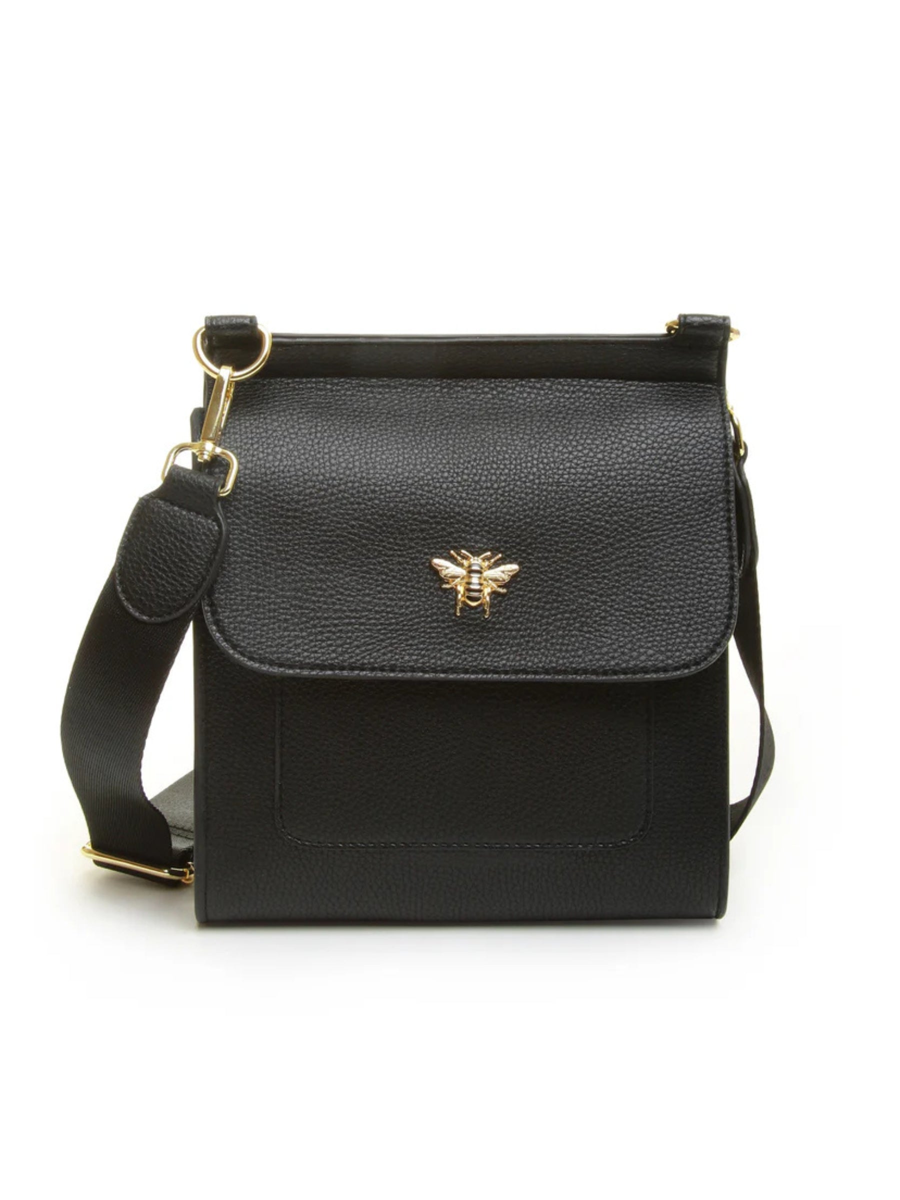 ALICE WHEELER AW5571 black Bloomsbury cross body bag in vegan leather with gold hardware, magnetic flap closure and adjustable strap.