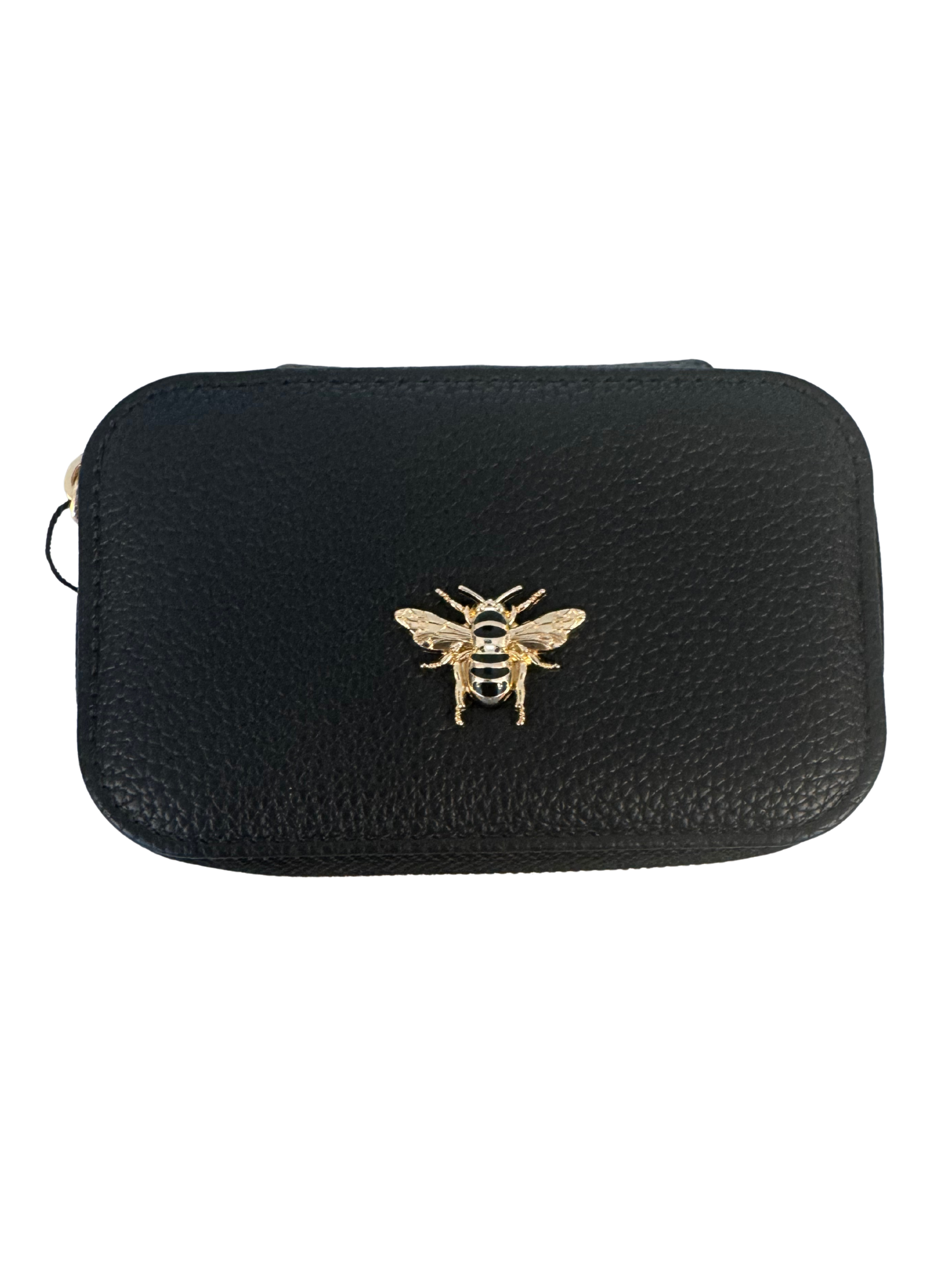 Alice Wheeler AW5947 Black Mini Jewellery Box with gold bee emblem – compact travel jewellery organiser with zip closure, ring rolls and storage compartment.