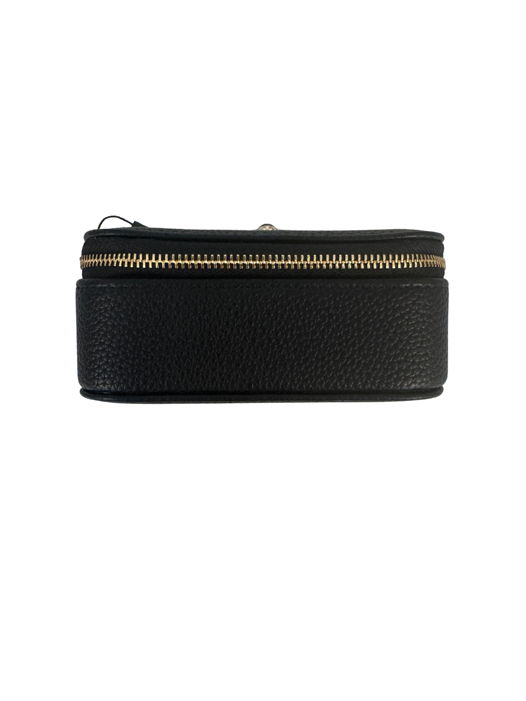 Alice Wheeler AW5947 Black Mini Jewellery Box with gold bee emblem – compact travel jewellery organiser with zip closure, ring rolls and storage compartment.