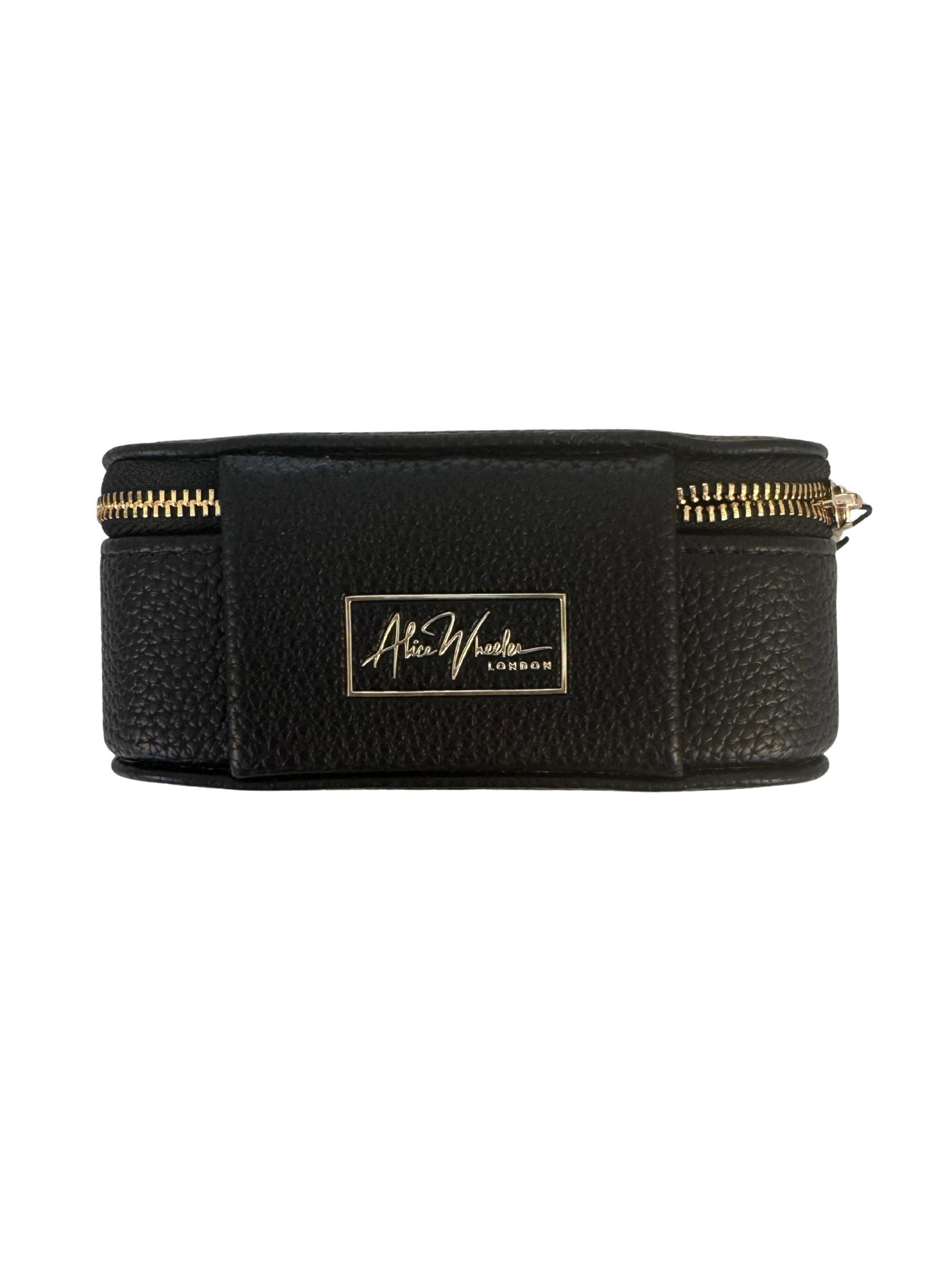 Alice Wheeler AW5947 Black Mini Jewellery Box with gold bee emblem – compact travel jewellery organiser with zip closure, ring rolls and storage compartment.