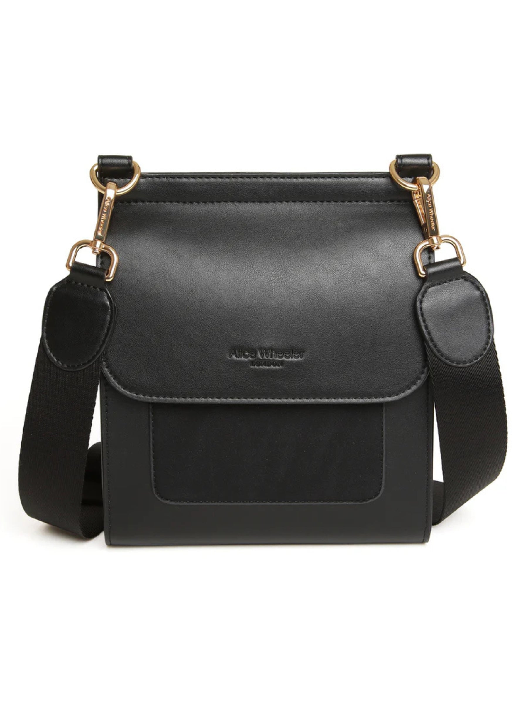 Alice Wheeler AW5968 Black Seville Cross Body Bag – women’s sleek black crossbody handbag with gold hardware, flap closure and adjustable strap, versatile everyday fashion accessory.