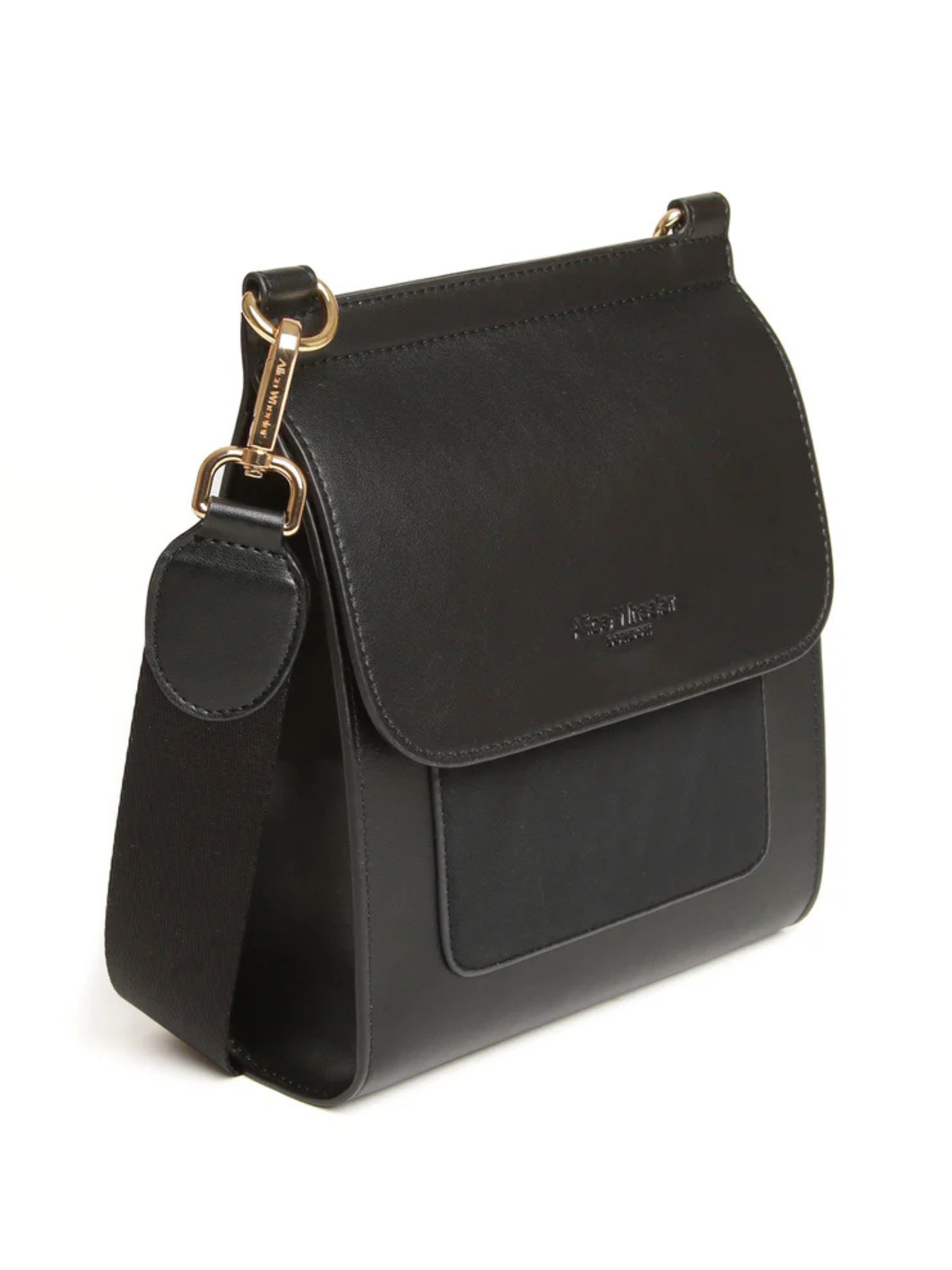 Alice Wheeler AW5968 Black Seville Cross Body Bag – women’s sleek black crossbody handbag with gold hardware, flap closure and adjustable strap, versatile everyday fashion accessory.