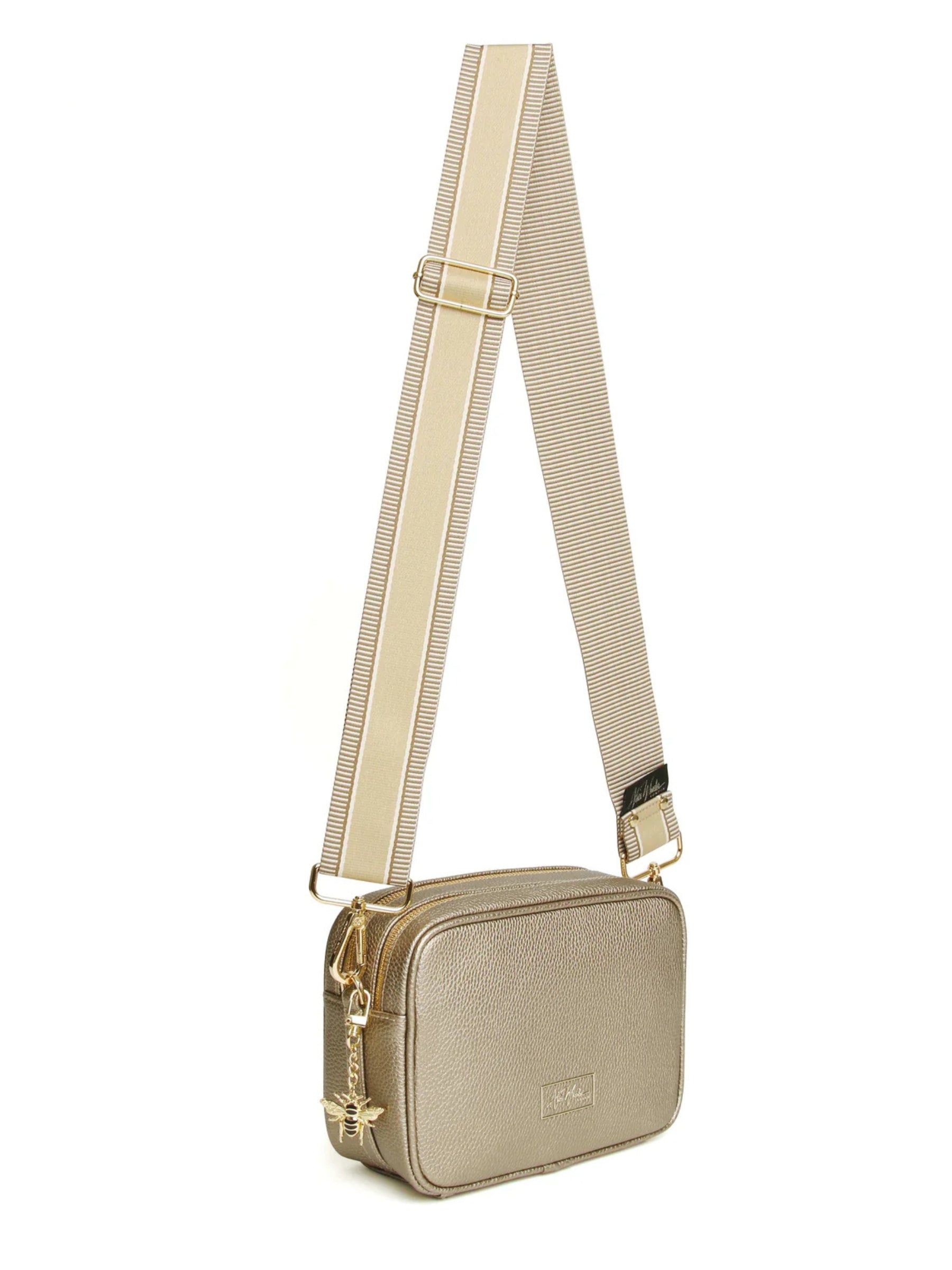 Alice Wheeler AW6028 Bronze Soho Cross Body Bag with dual straps, two zipped compartments, and internal pocket – stylish bronze crossbody handbag for everyday wear.