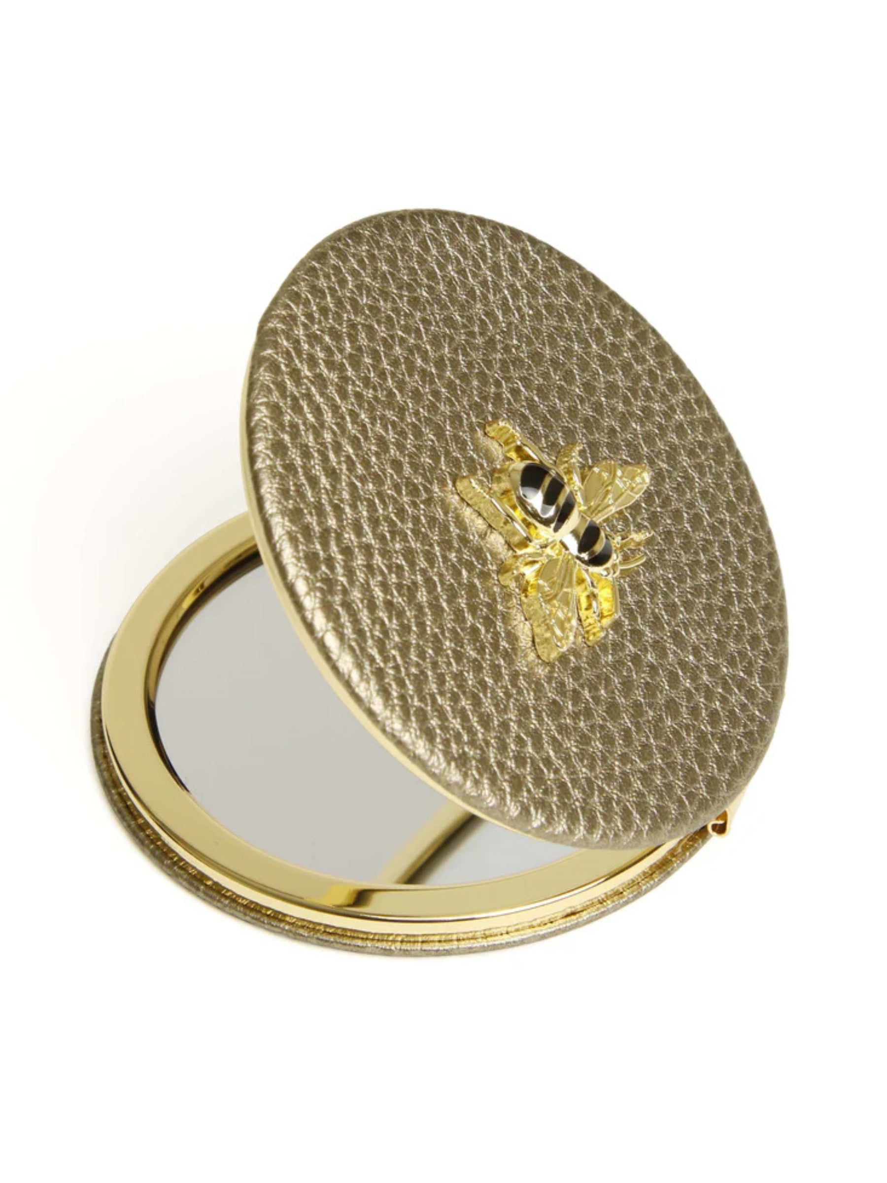 ALICE WHEELER AW6054 bronze round compact mirror with vegan leather cover, honey bee emblem, dual magnification, 7cm purse size.