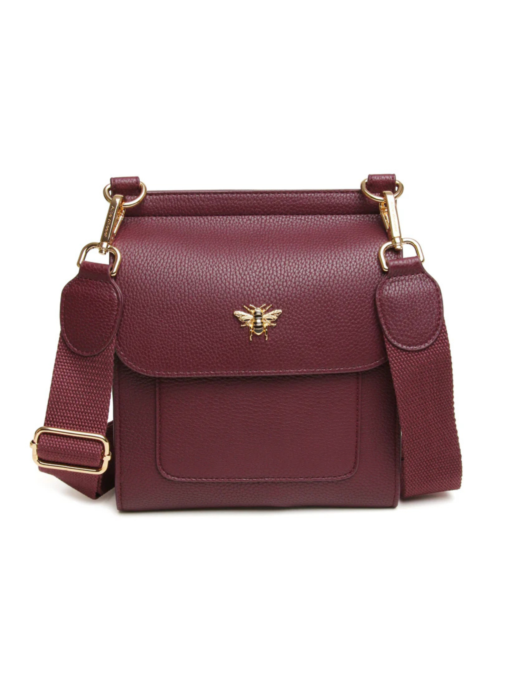 ALICE WHEELER AW6183 Berry Bloomsbury cross body bag in vegan leather with gold hardware, magnetic flap closure and adjustable strap.