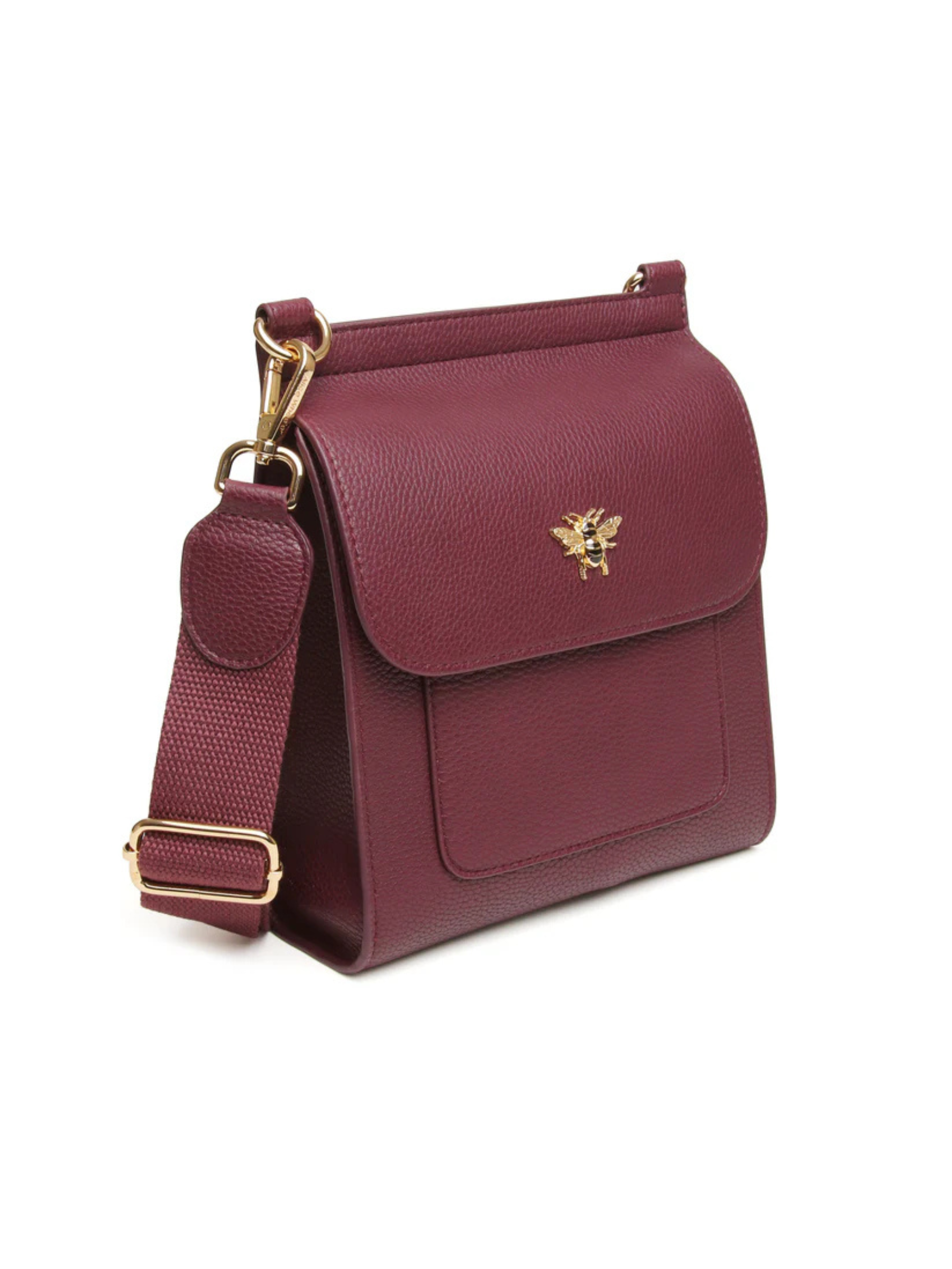 ALICE WHEELER AW6183 Berry Bloomsbury cross body bag in vegan leather with gold hardware, magnetic flap closure and adjustable strap.