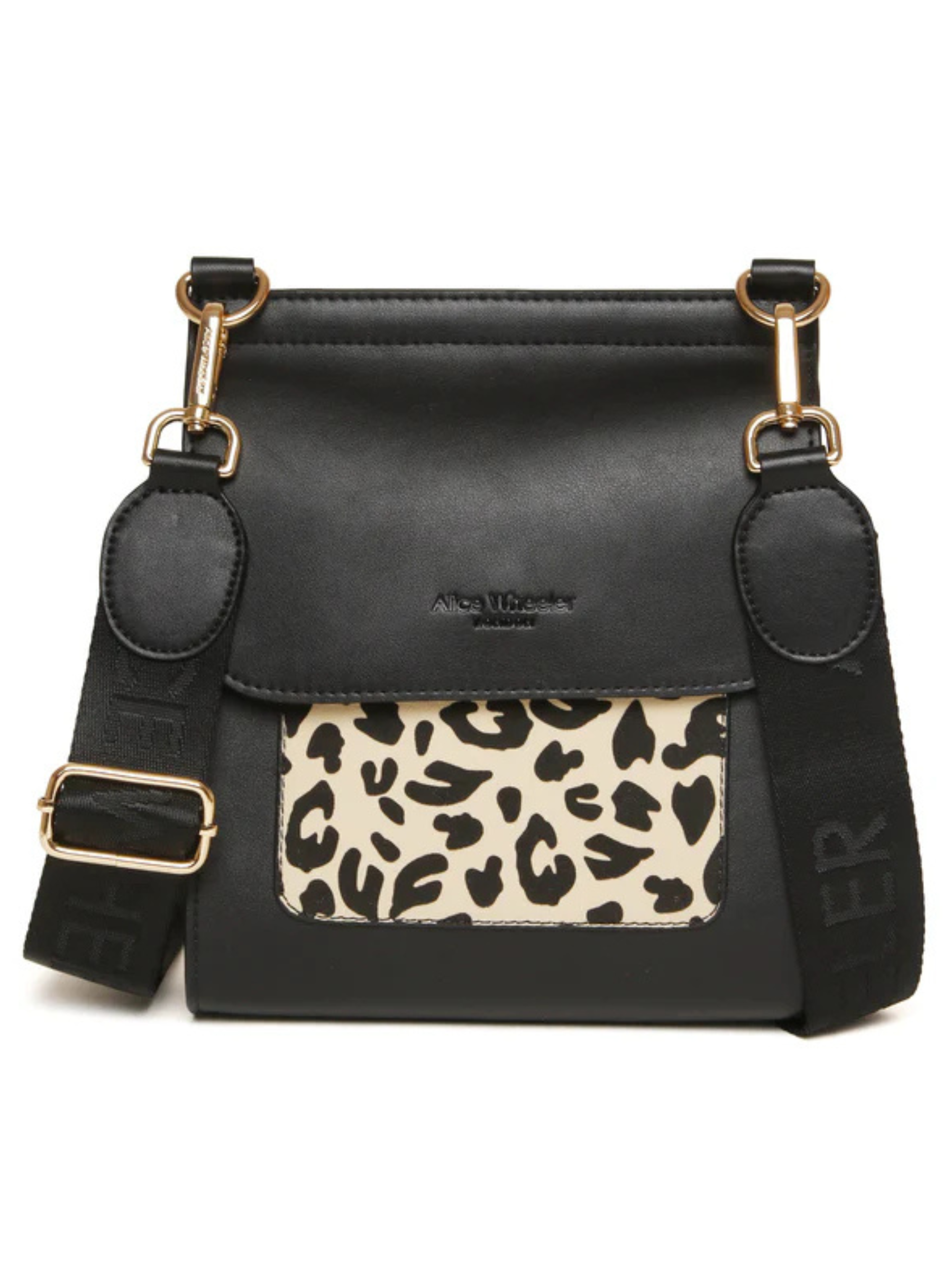 ALICE WHEELER AW6217 Leopard Bloomsbury cross body bag in vegan leather with gold hardware, magnetic flap closure and adjustable strap.