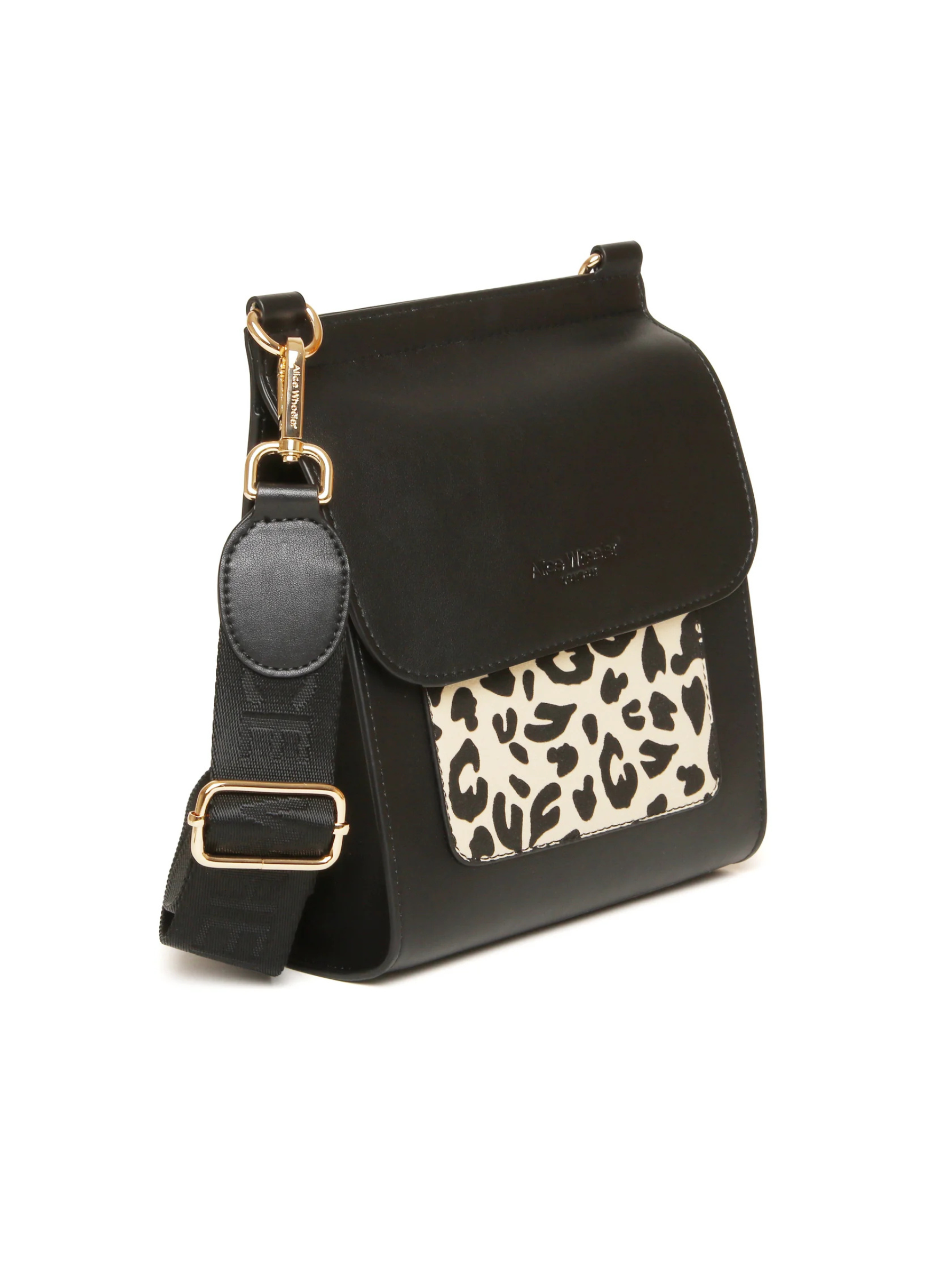 ALICE WHEELER AW6217 Leopard Bloomsbury cross body bag in vegan leather with gold hardware, magnetic flap closure and adjustable strap.