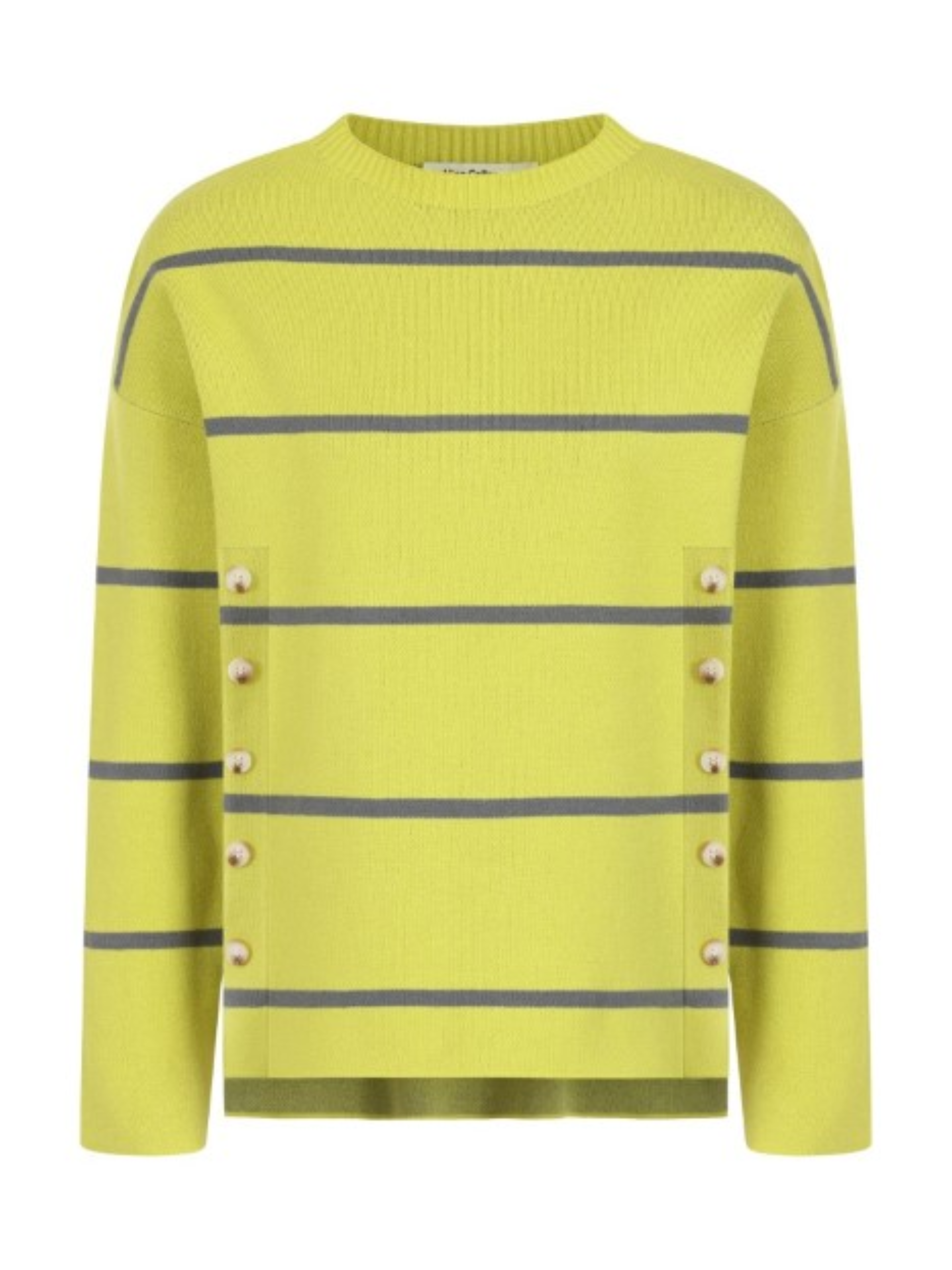 Striped knit jumper for women with side button detail, crew neck and long sleeves – stylish lightweight sweater by Alice Collins perfect for layering and casual wear.