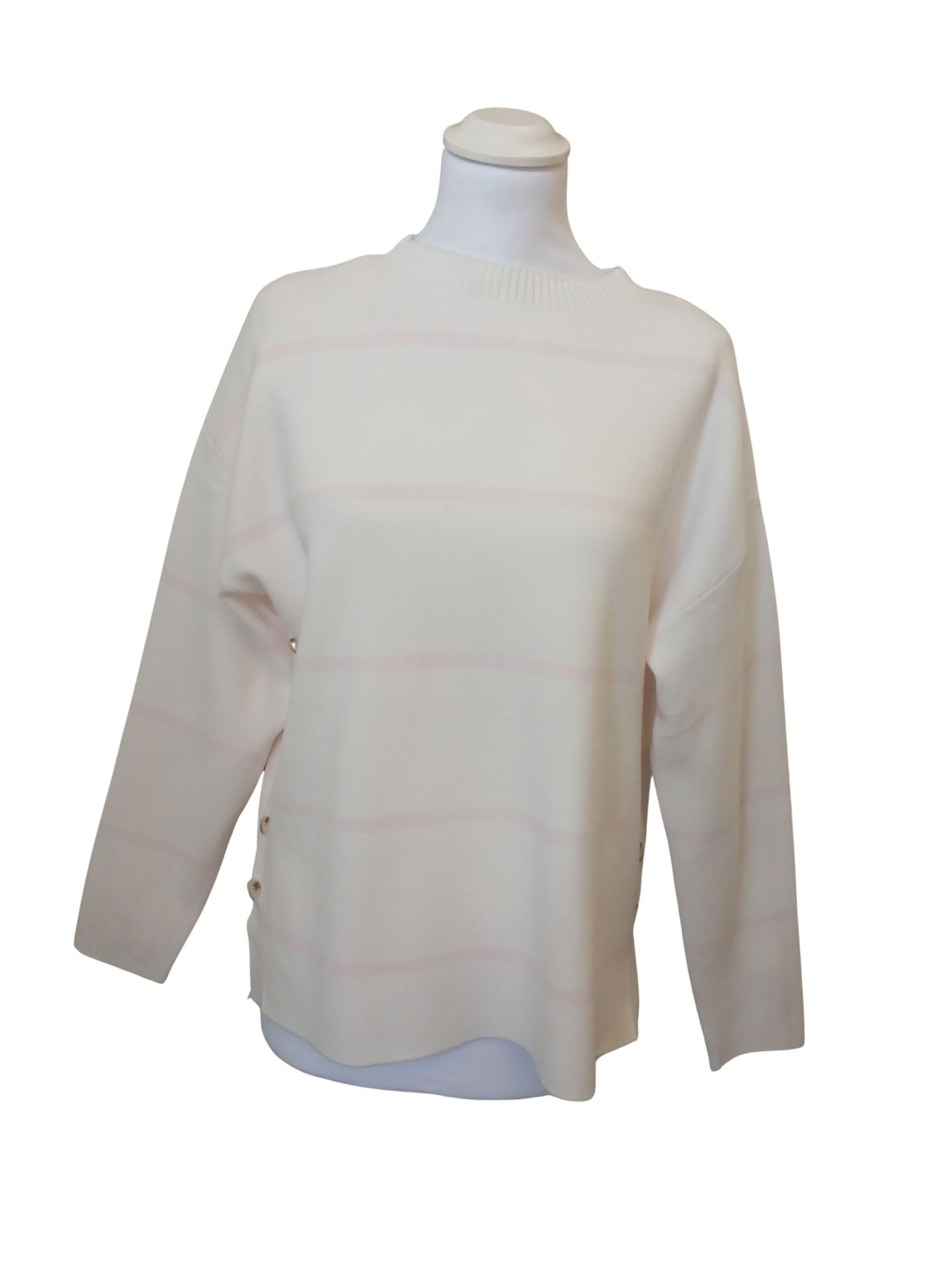 Striped knit jumper for women with side button detail, crew neck and long sleeves – stylish lightweight sweater by Alice Collins perfect for layering and casual wear.