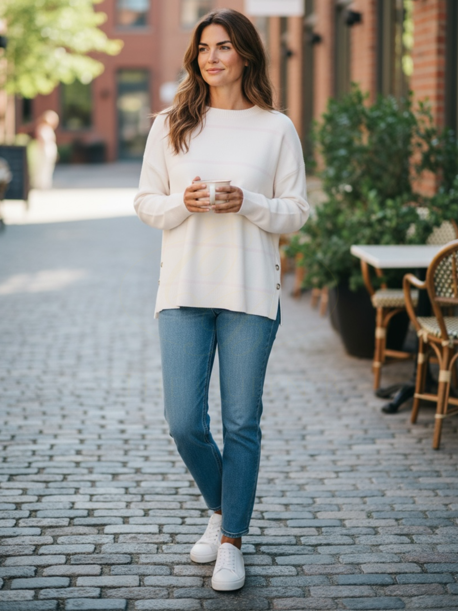 Striped knit jumper for women with side button detail, crew neck and long sleeves – stylish lightweight sweater by Alice Collins perfect for layering and casual wear.