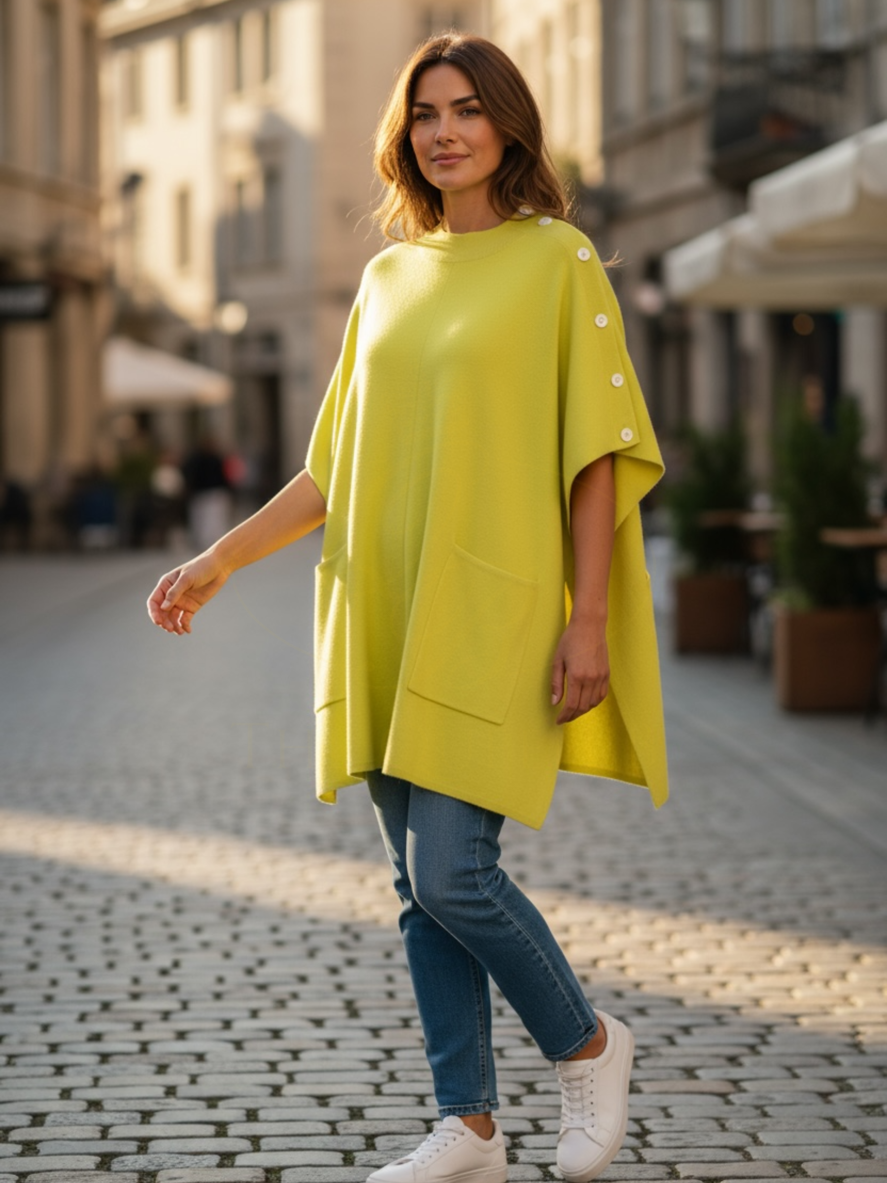 Cape by Alice Collins featuring button detailing on the shoulder, patch pockets, and a high neckline – soft lightweight knit ideal for layering and casual everyday wear.