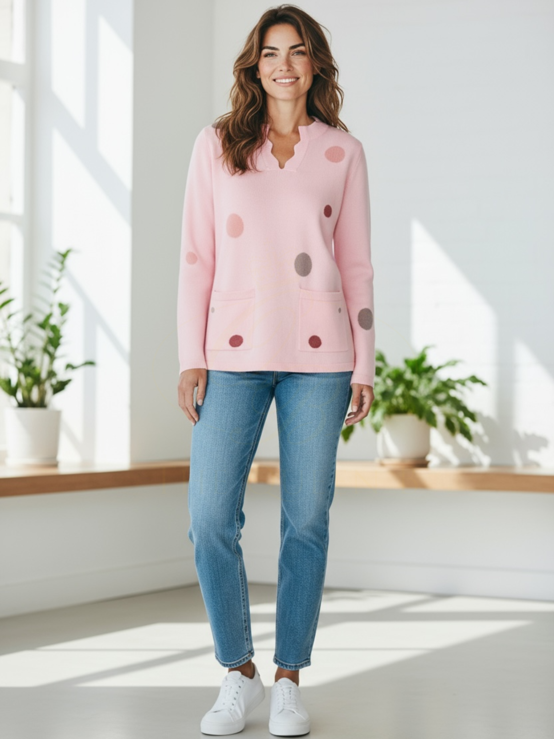Women’s knit jumper with multicolour polka dots, notched neckline, long sleeves and front patch pockets – soft, cosy, and perfect for stylish everyday layering.