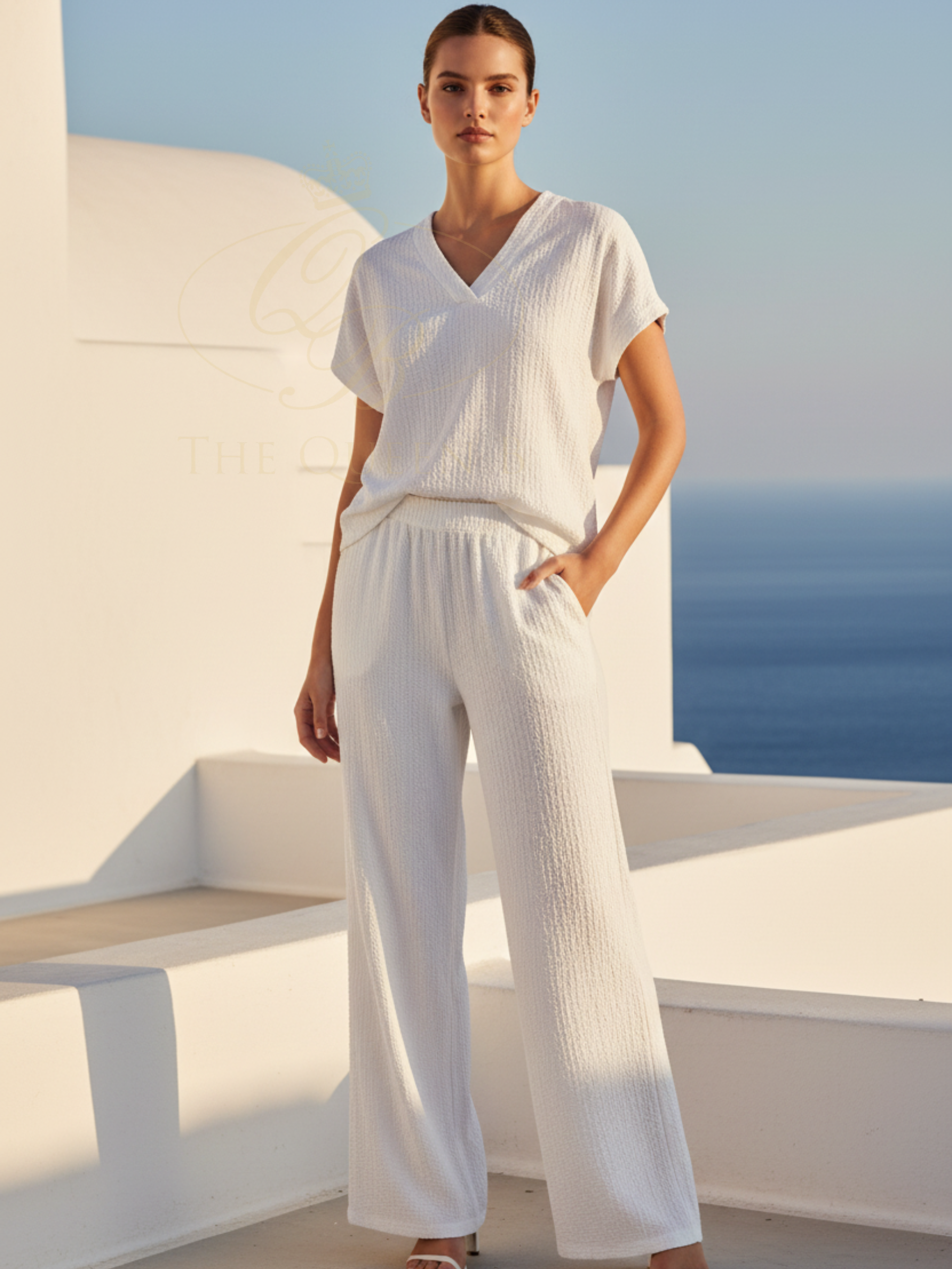 Alice Collins 036S110 365 Top with textured fabric, V-neckline and short sleeves.