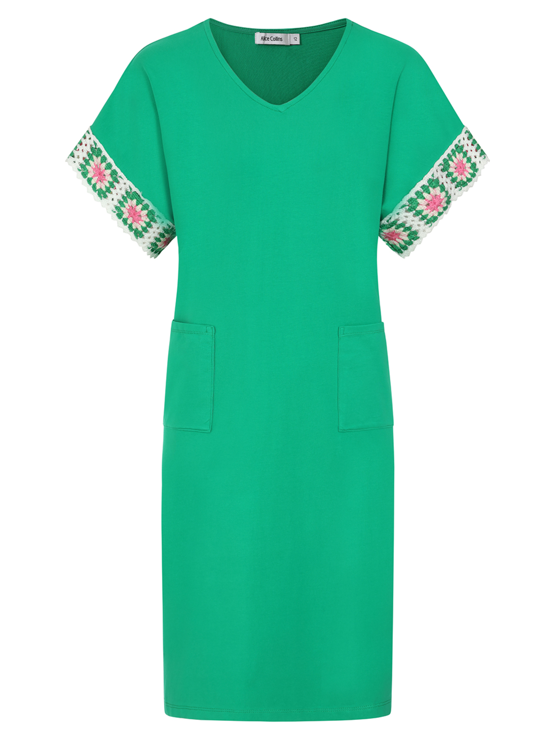 Alice Collins 036S177 Cassie Dress with crochet sleeve detail, front pockets and V-neckline.