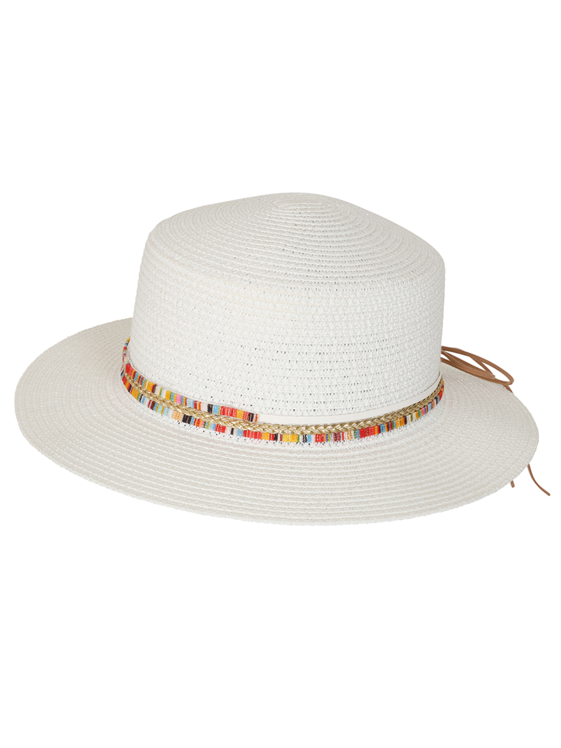 Alice Collins 036S216 Kay Hat with woven design, multicolour band and decorative tie detail.
