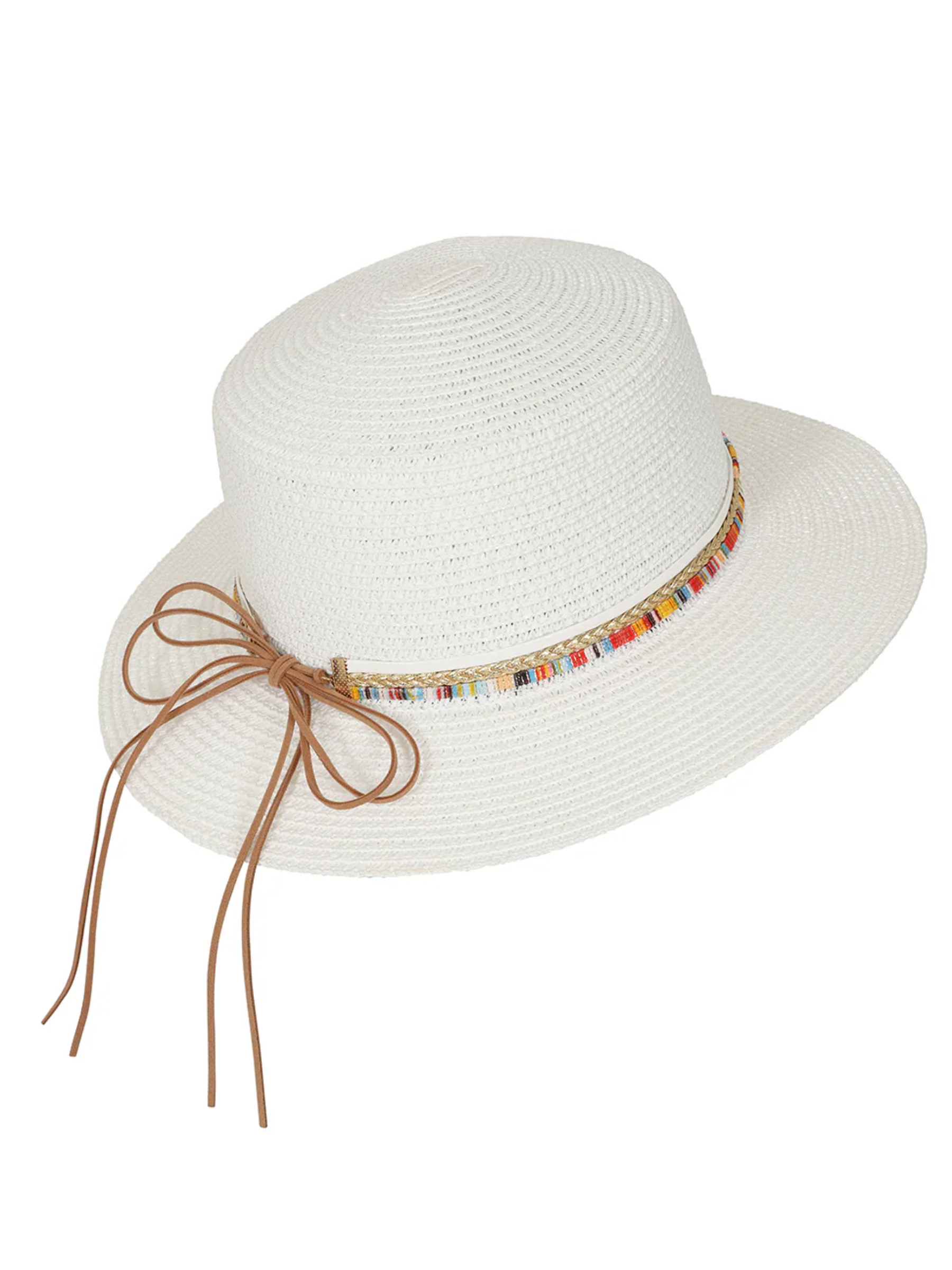 Alice Collins 036S216 Kay Hat with woven design, multicolour band and decorative tie detail.