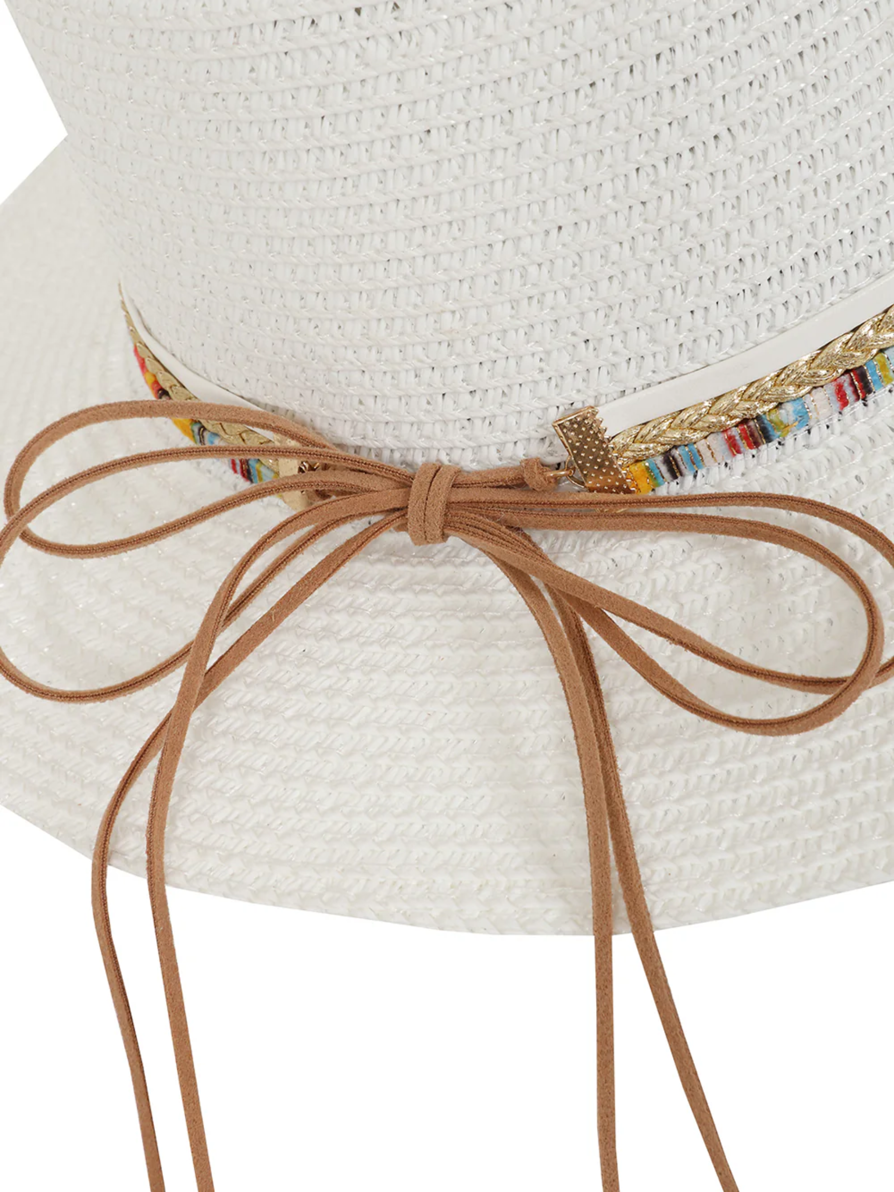 Alice Collins 036S216 Kay Hat with woven design, multicolour band and decorative tie detail.
